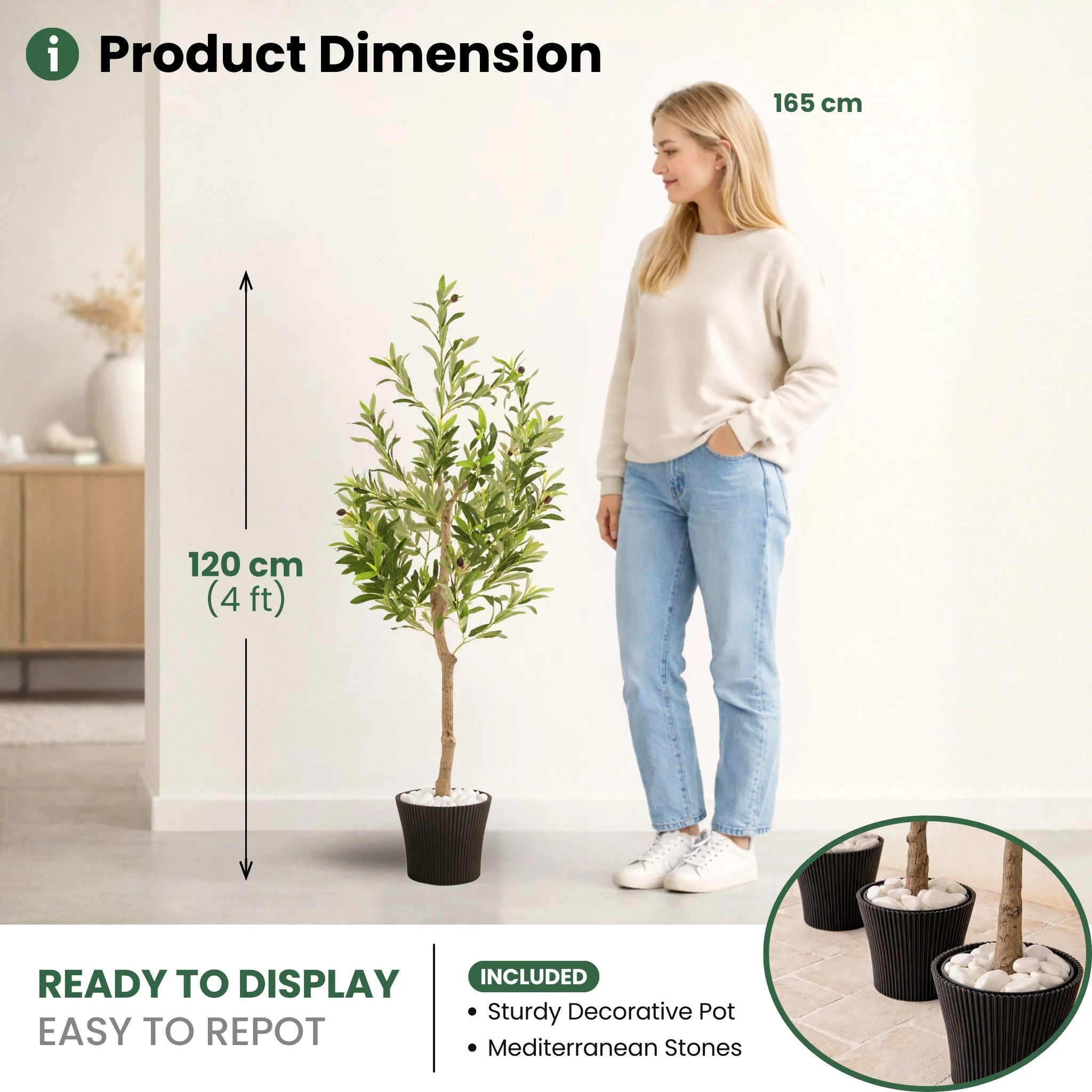 120CM Artificial Olive Tree with Decorative Pot & Mediterranean Stones