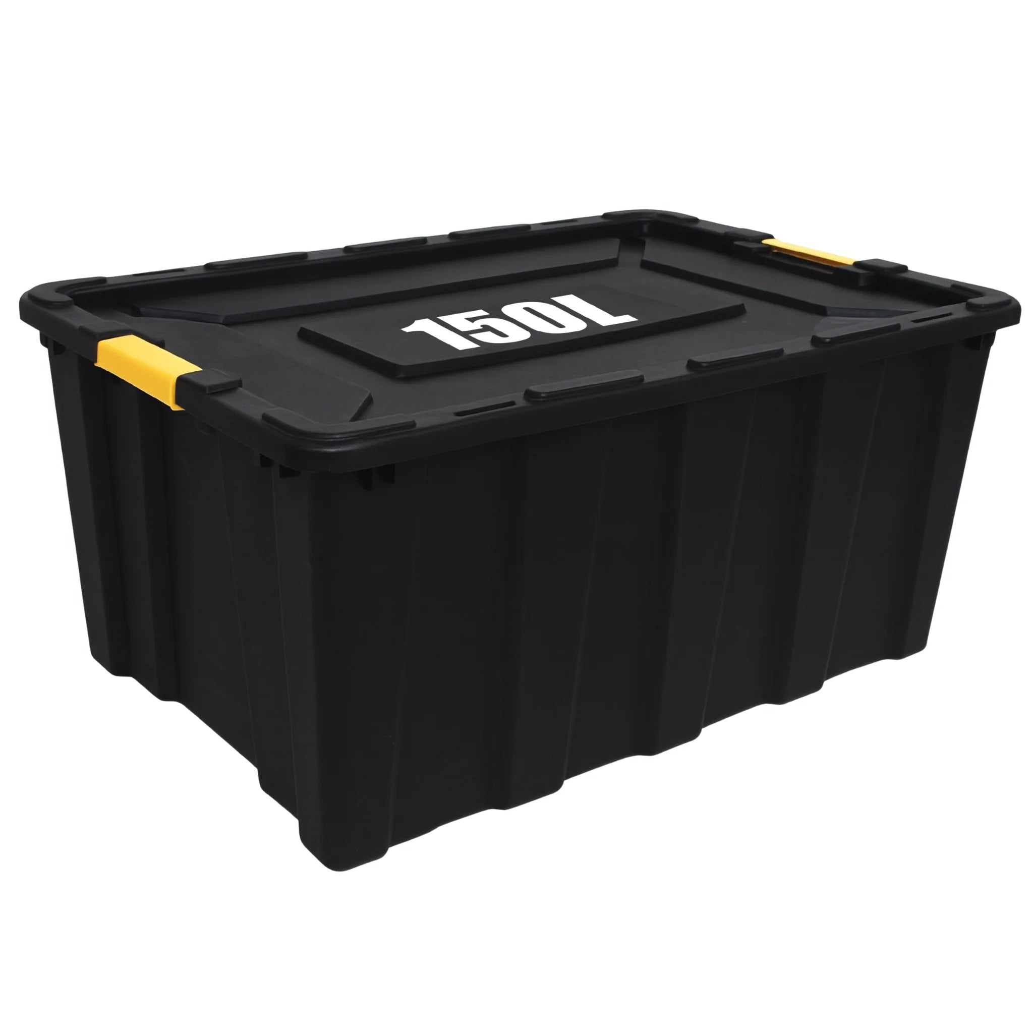 Large black storage box with lid with yellow clip handles