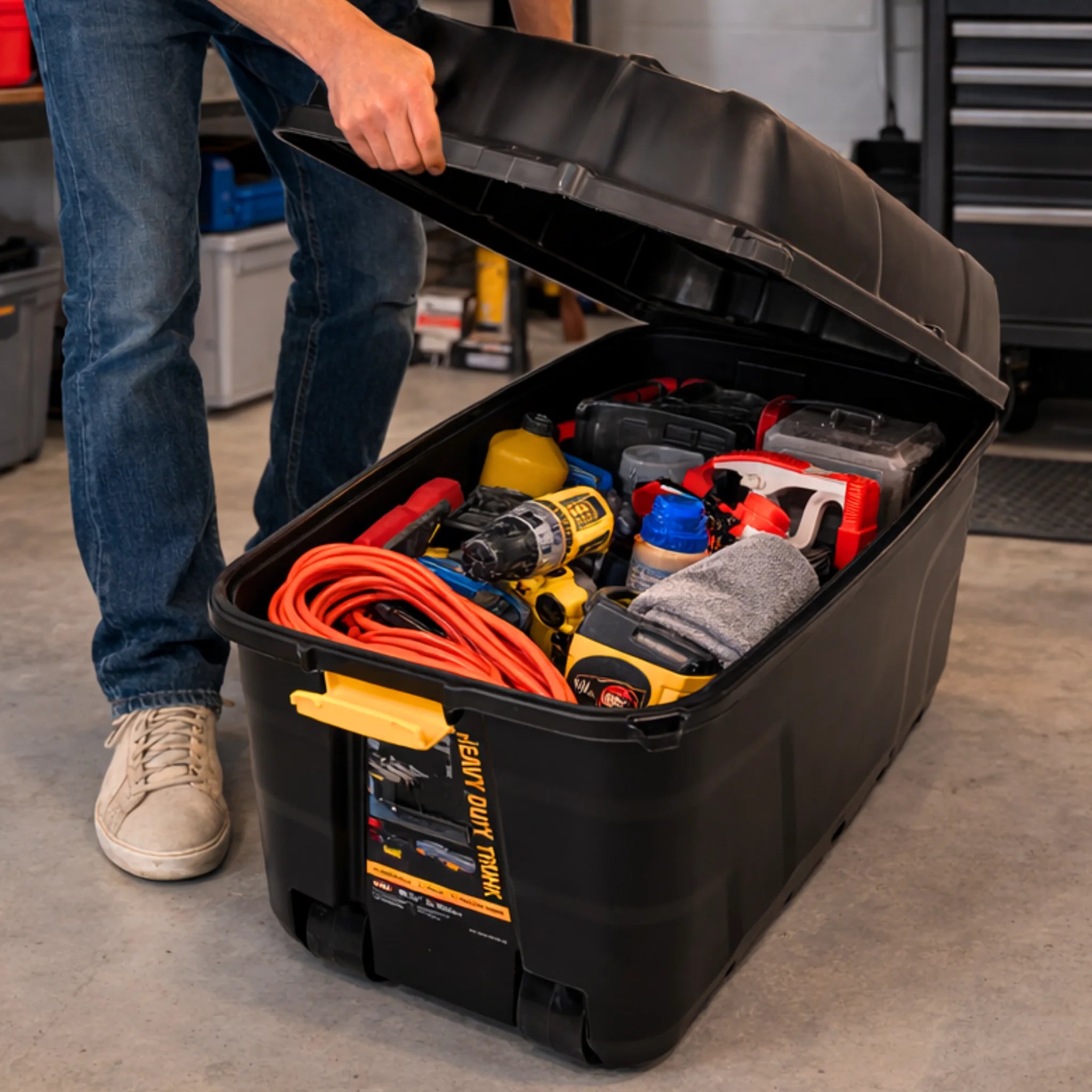 large garage storage box with tools and supplies