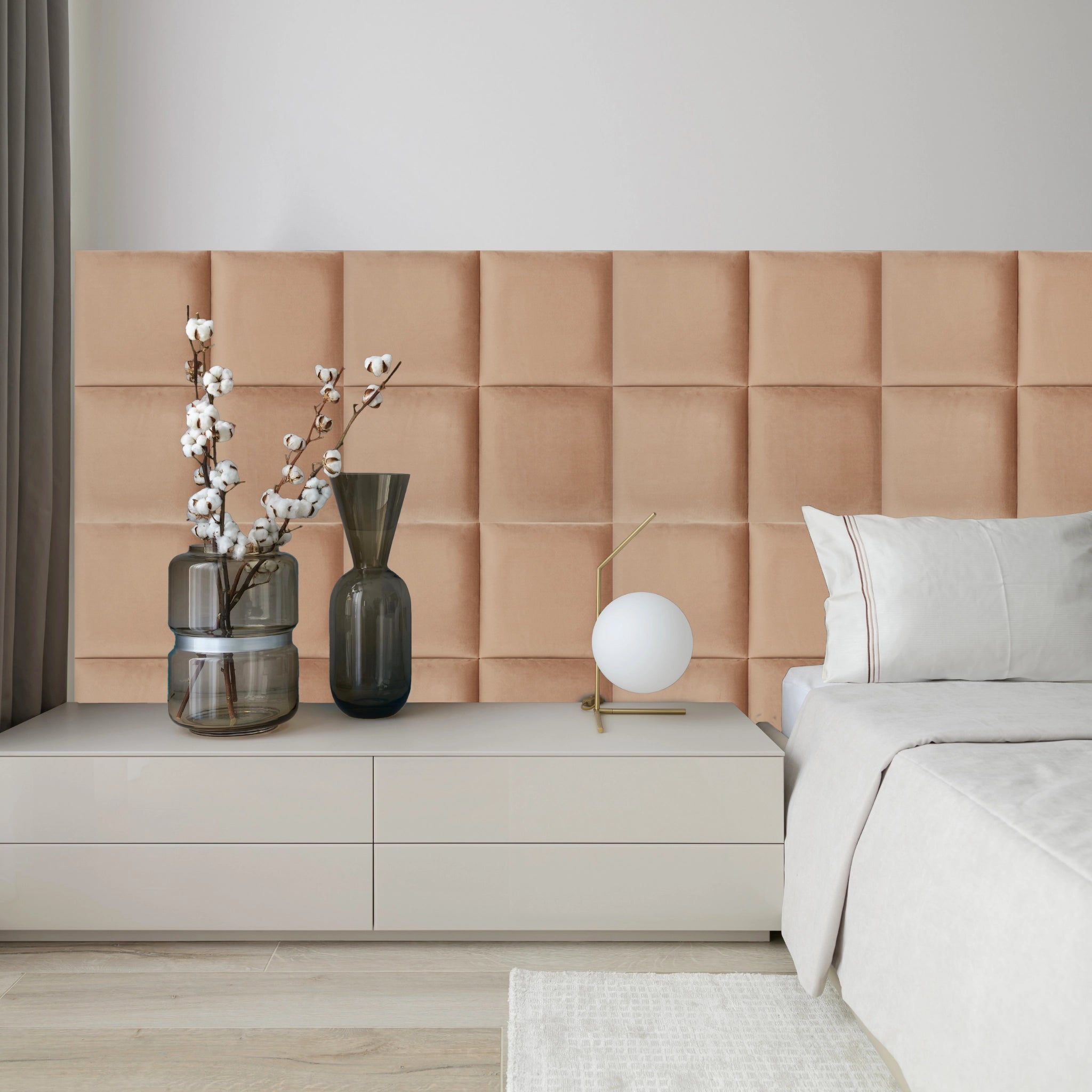 Brown Velvet Upholstered Wall Panels with Adhesive - 30x30cm