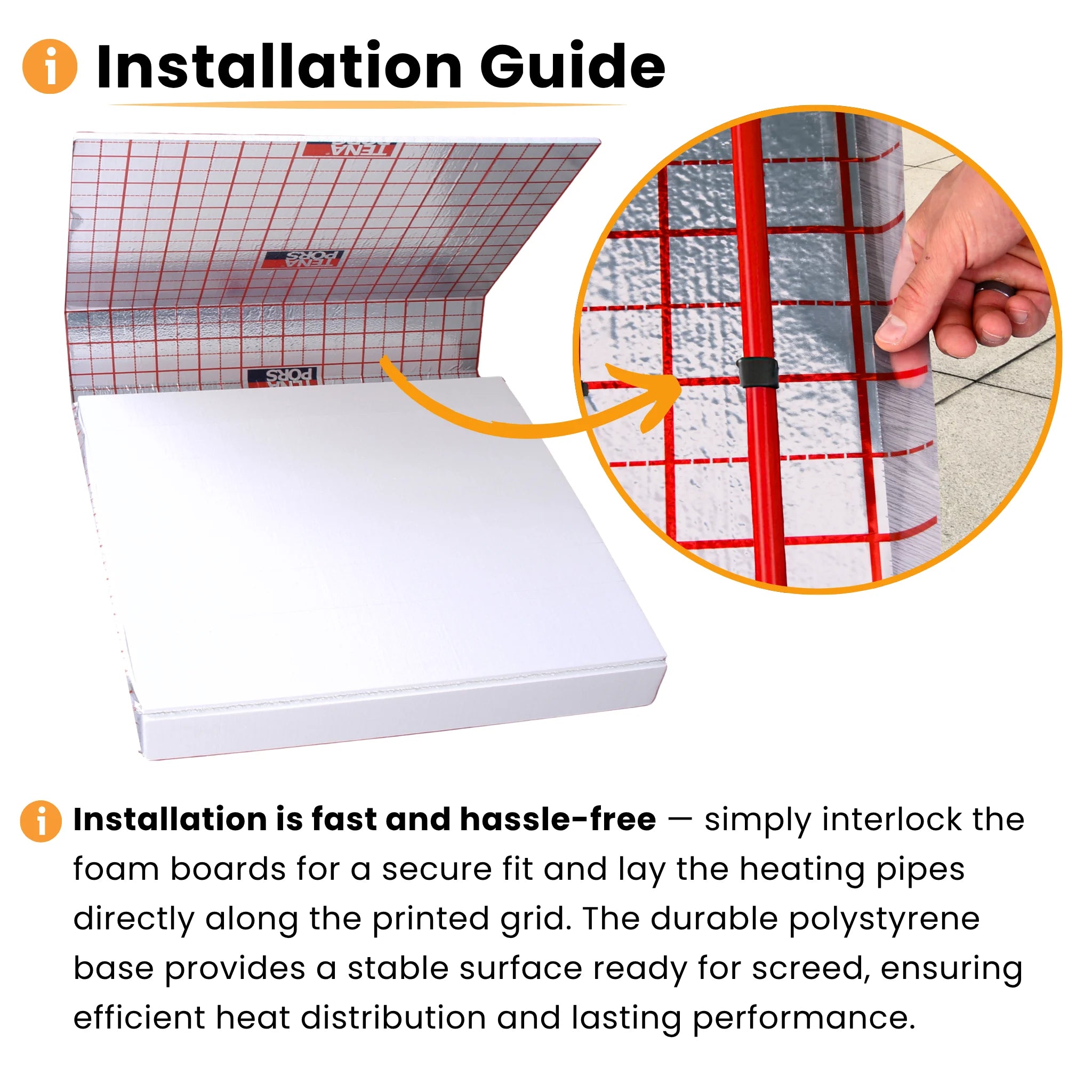installation guide interlock the foam boards and lay the heating pipes on grid print