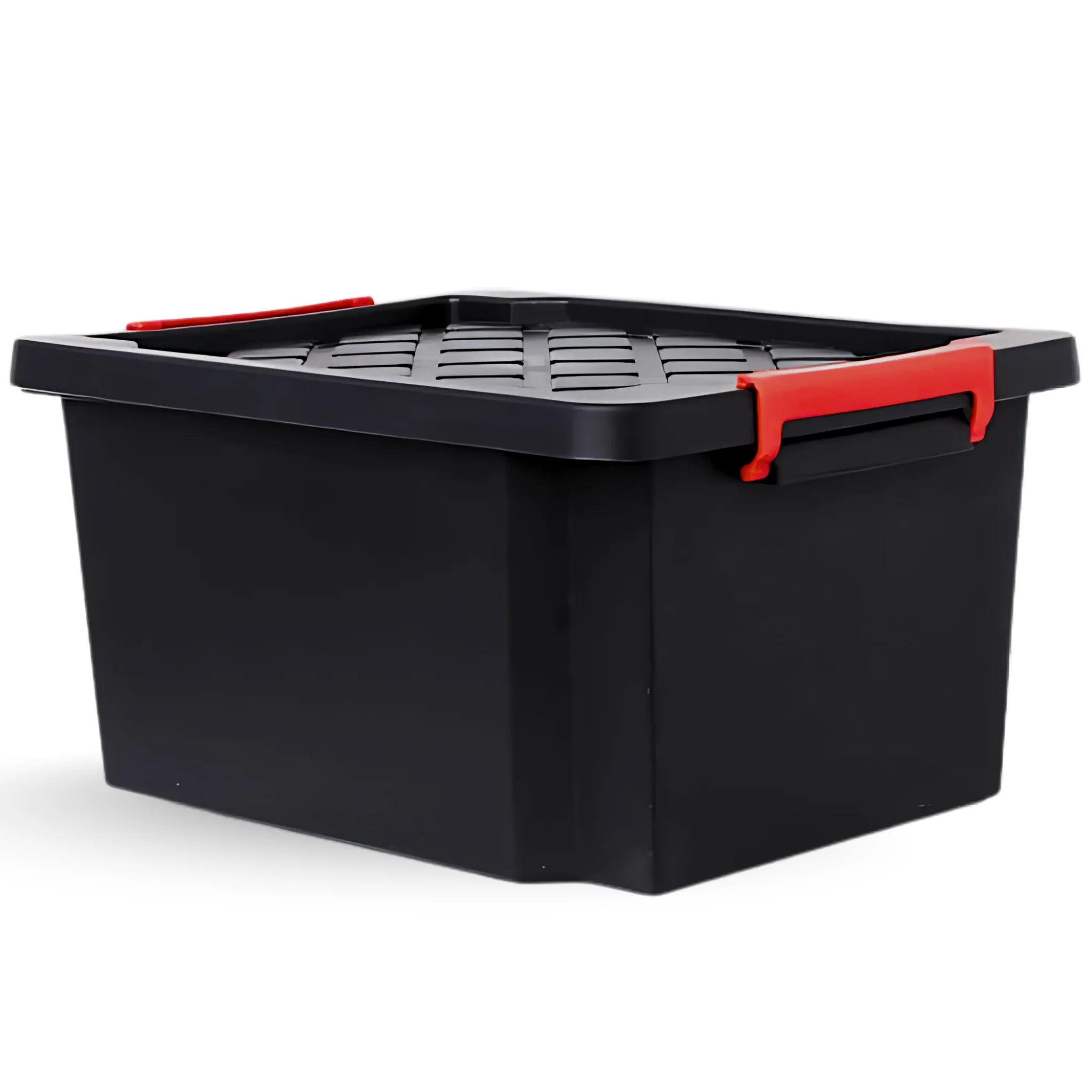 small black plastic storage box with red lid clips