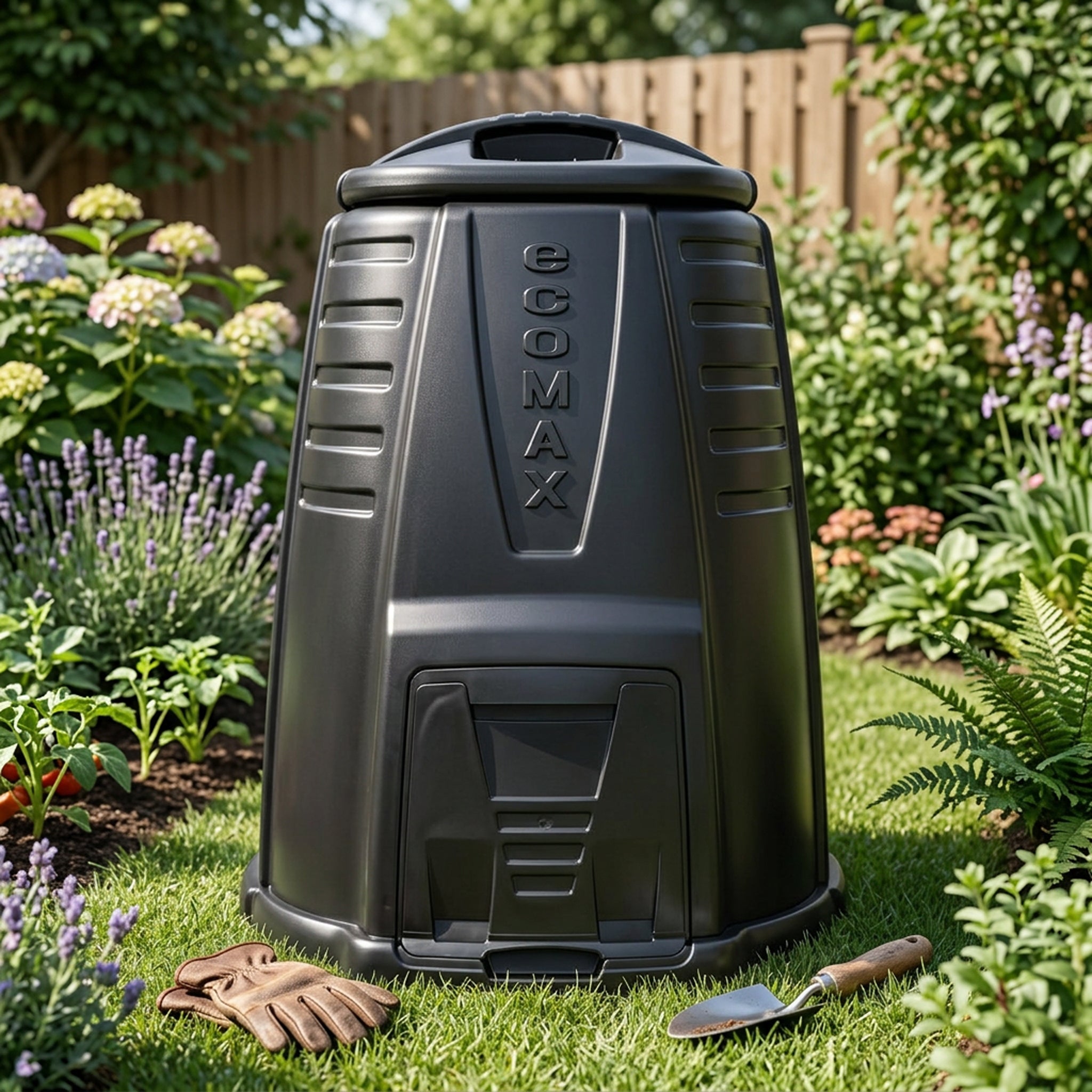 Outdoor garden compost bin in use