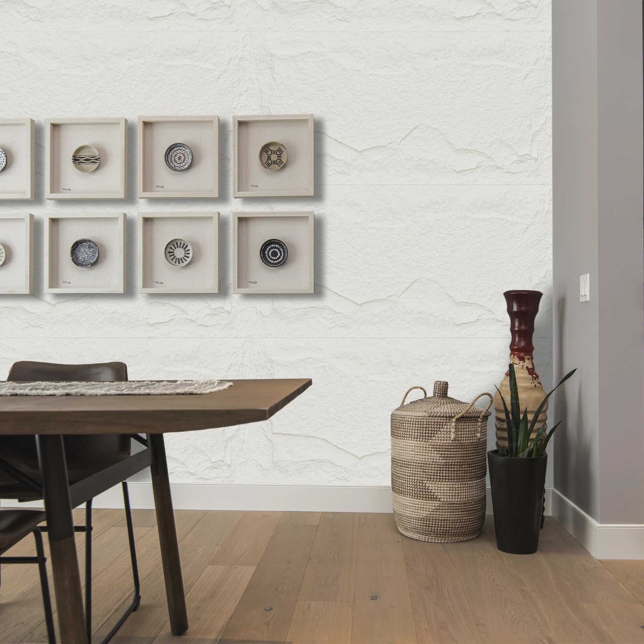 Dining room with decorative faux stone wall panels in ivory white for modern interior wall design
