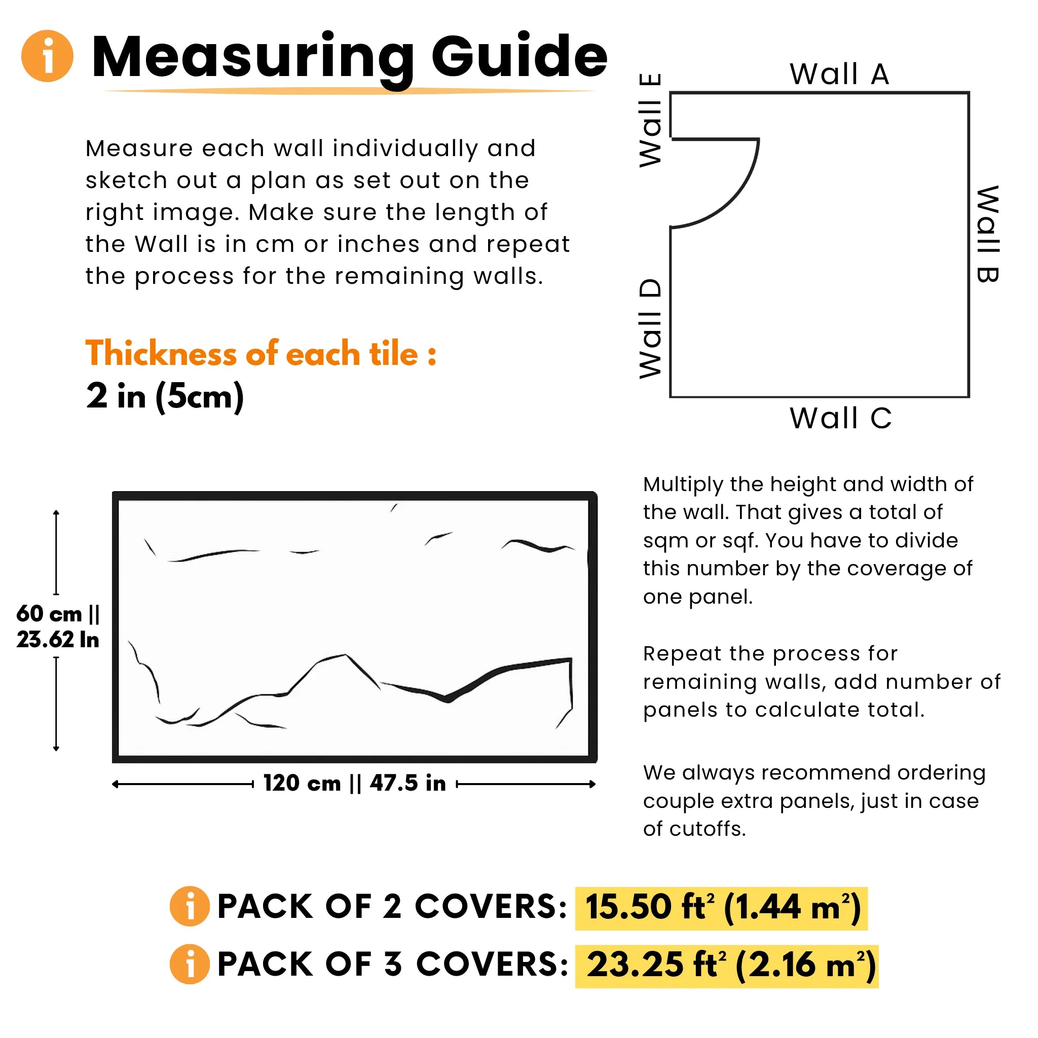 Measuring guide for 3D wall panels with tile size thickness and pack coverage