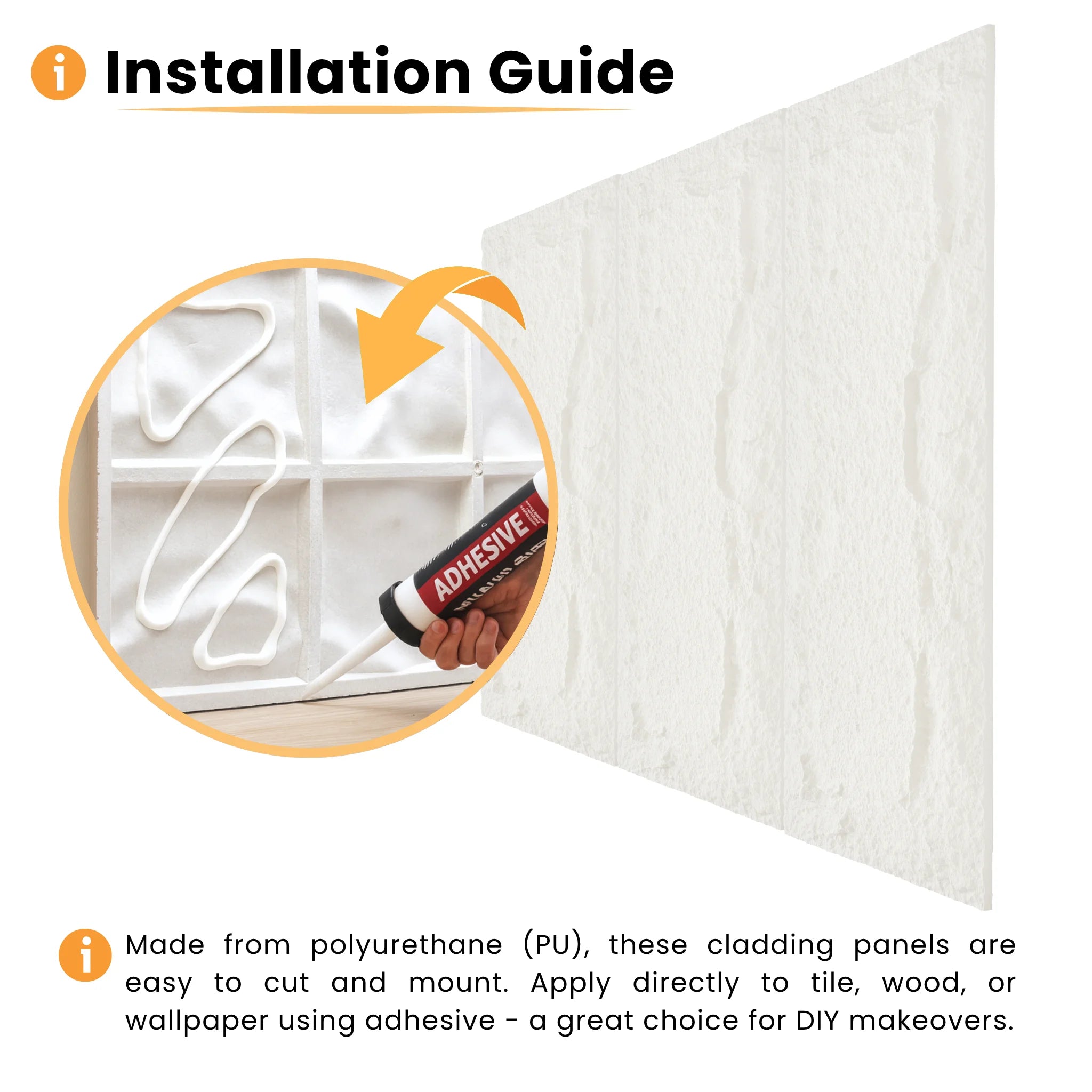 Adhesive installation guide showing how to mount lightweight PU wall cladding panels on surfaces