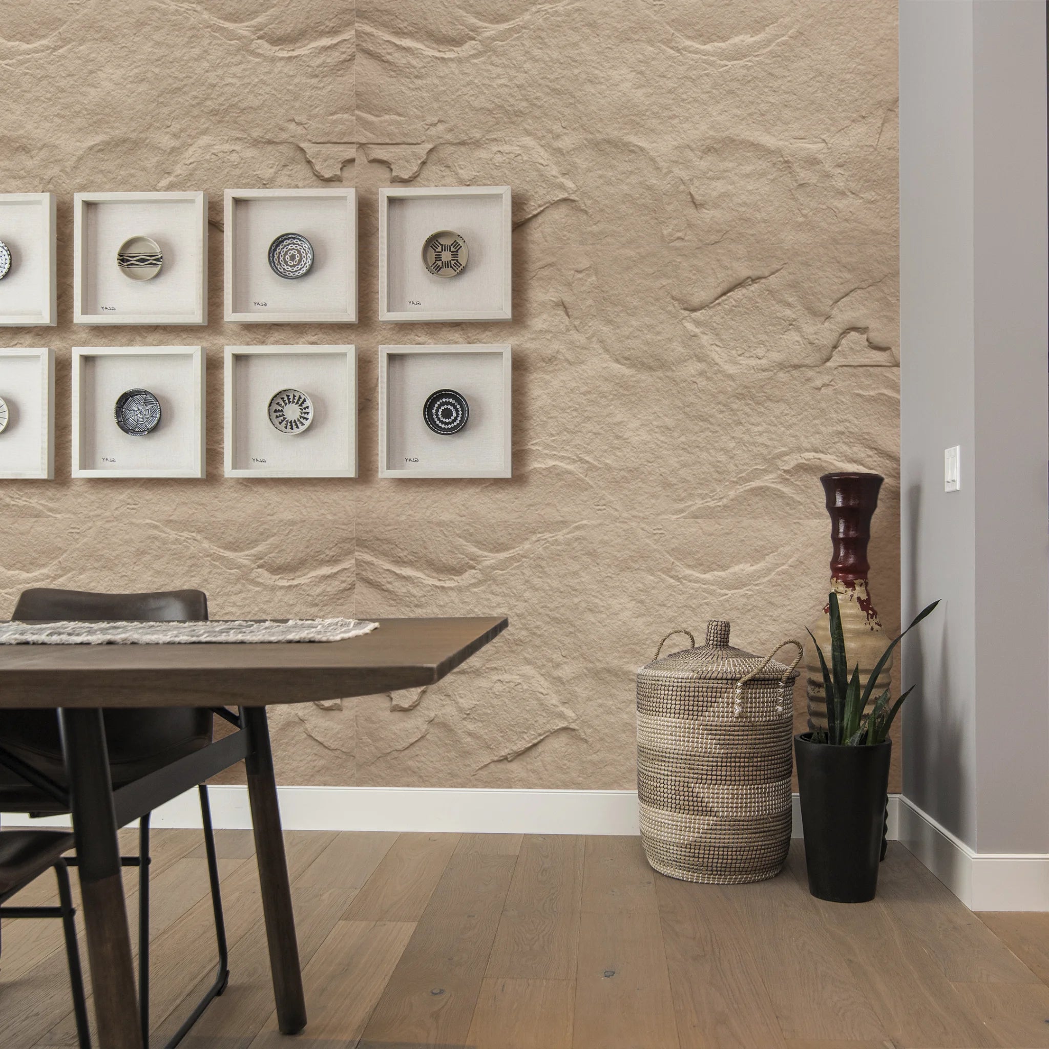Dining room with decorative faux stone wall panels in sand beige for modern interior wall design
