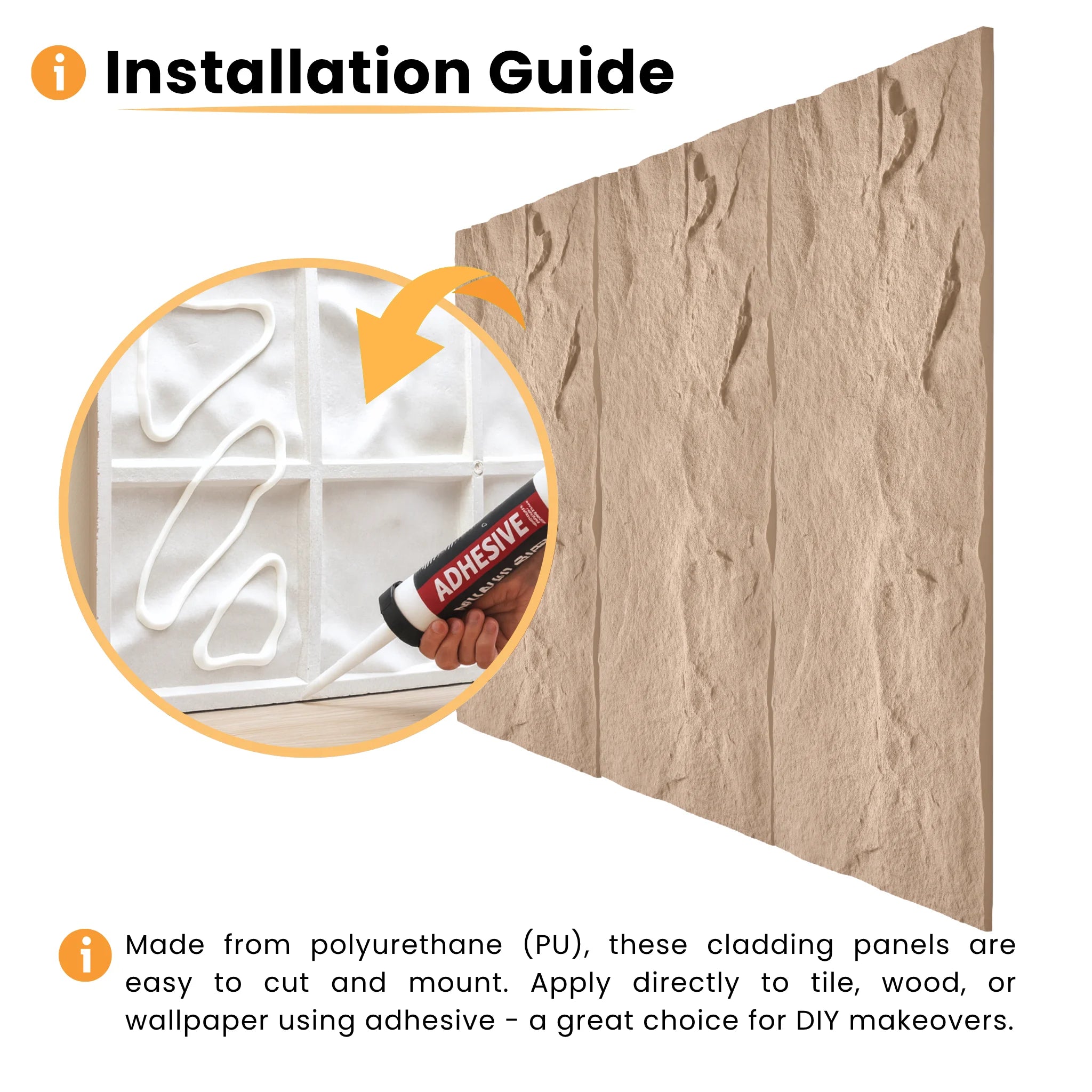 Adhesive installation guide showing how to mount lightweight PU wall cladding panels on surfaces