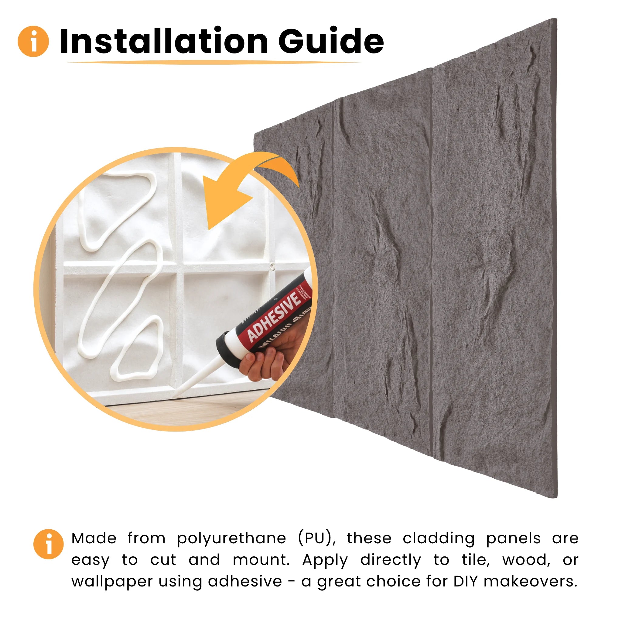 Adhesive installation guide showing how to mount lightweight PU wall cladding panels on surfaces