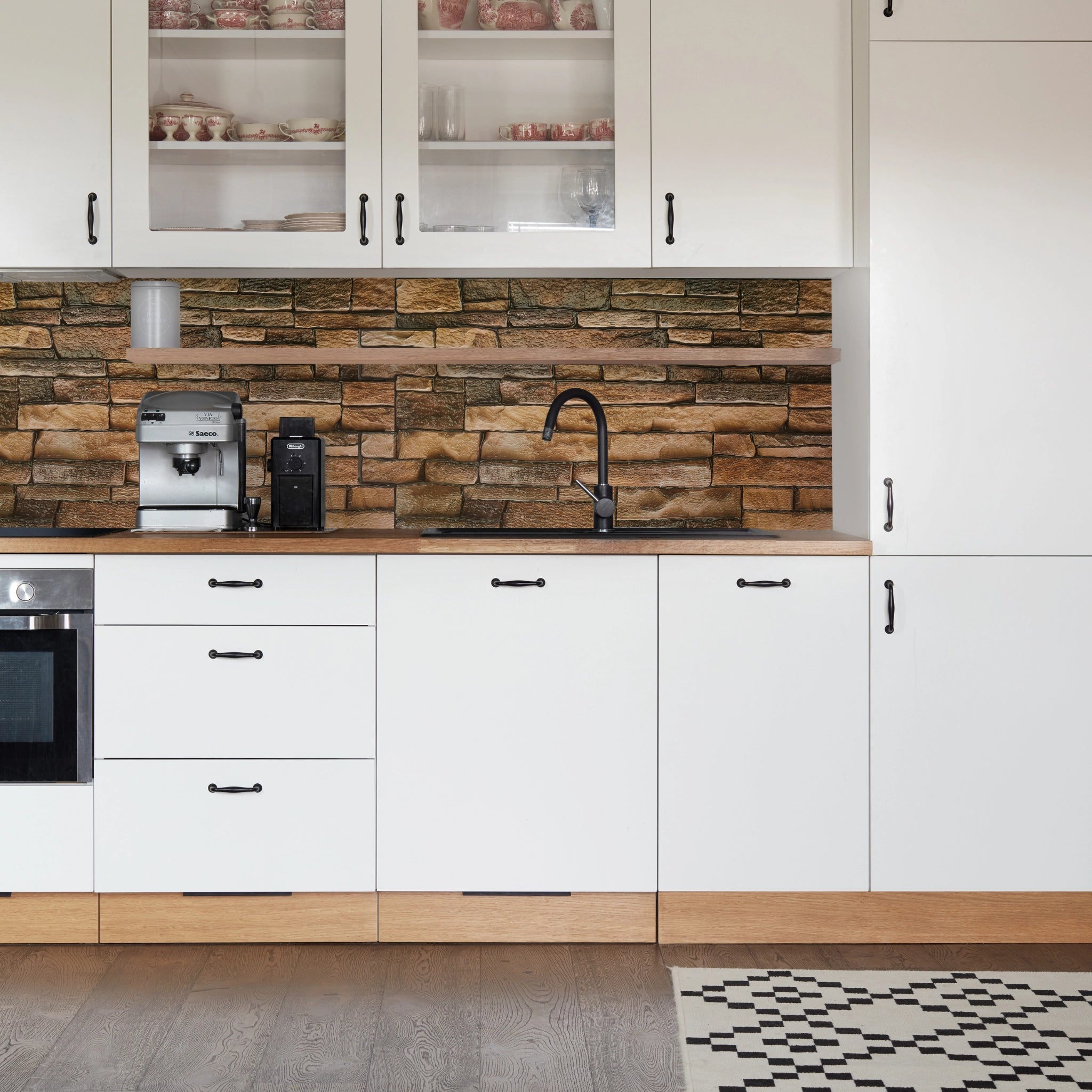 Kitchen with rustic tan geometric-patterned wall panels and modern decor