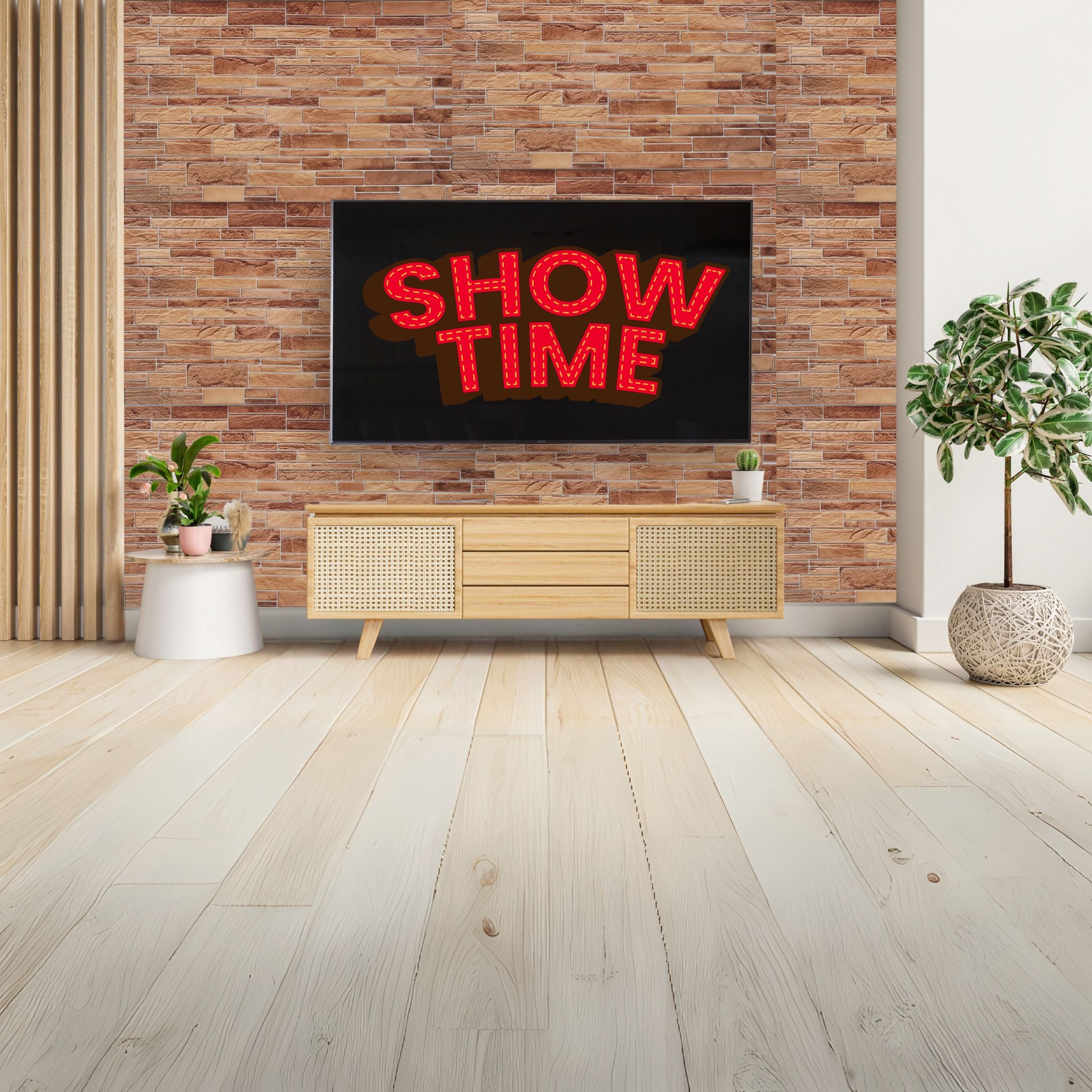 living room with light beige brown slim stone brick pattern 3d wall panels