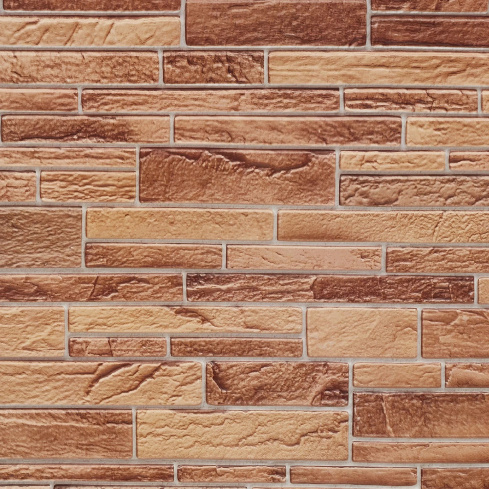 close-up of beige brown slim stone brick 3d wall panel texture