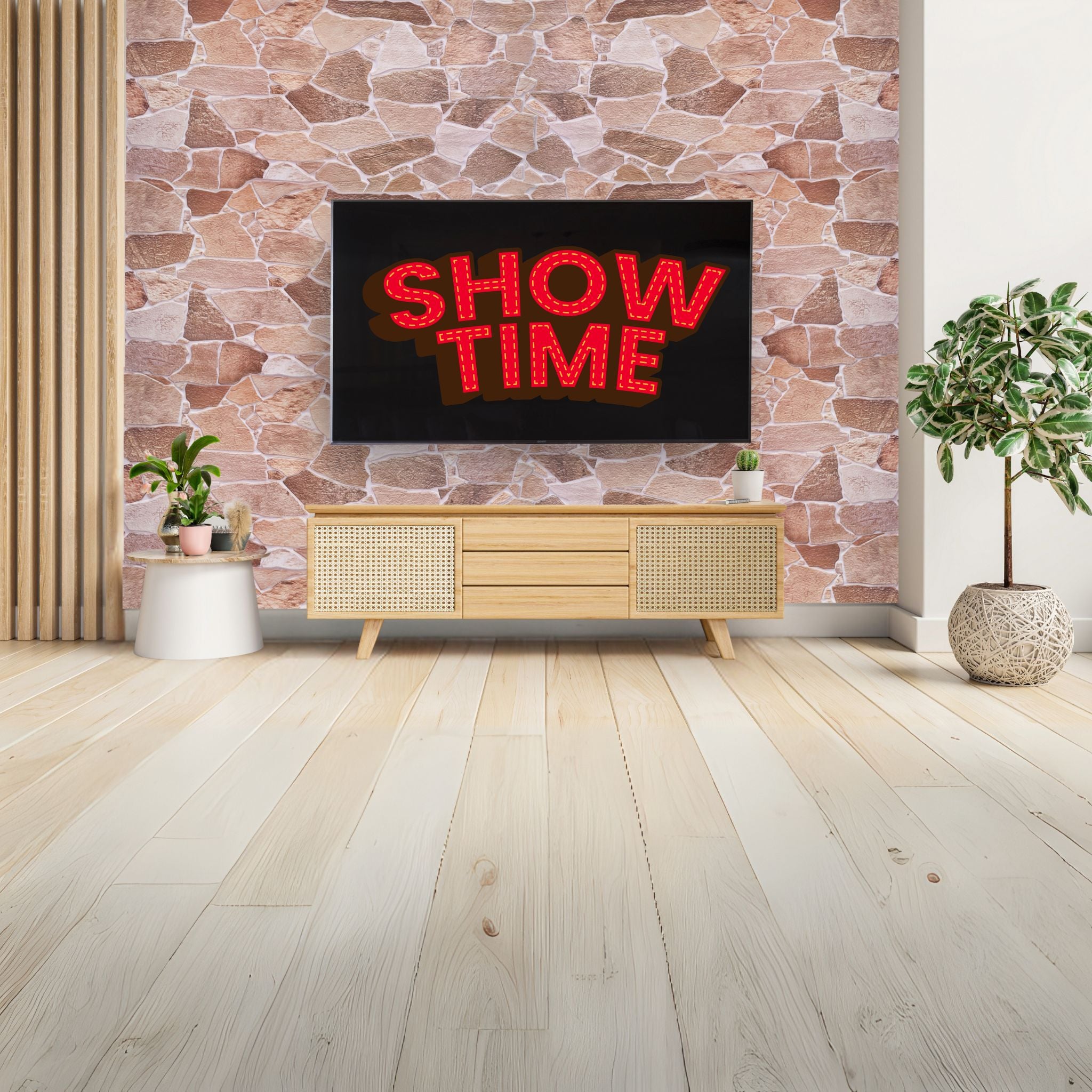 living room with brown wild stone pattern 3d wall panels