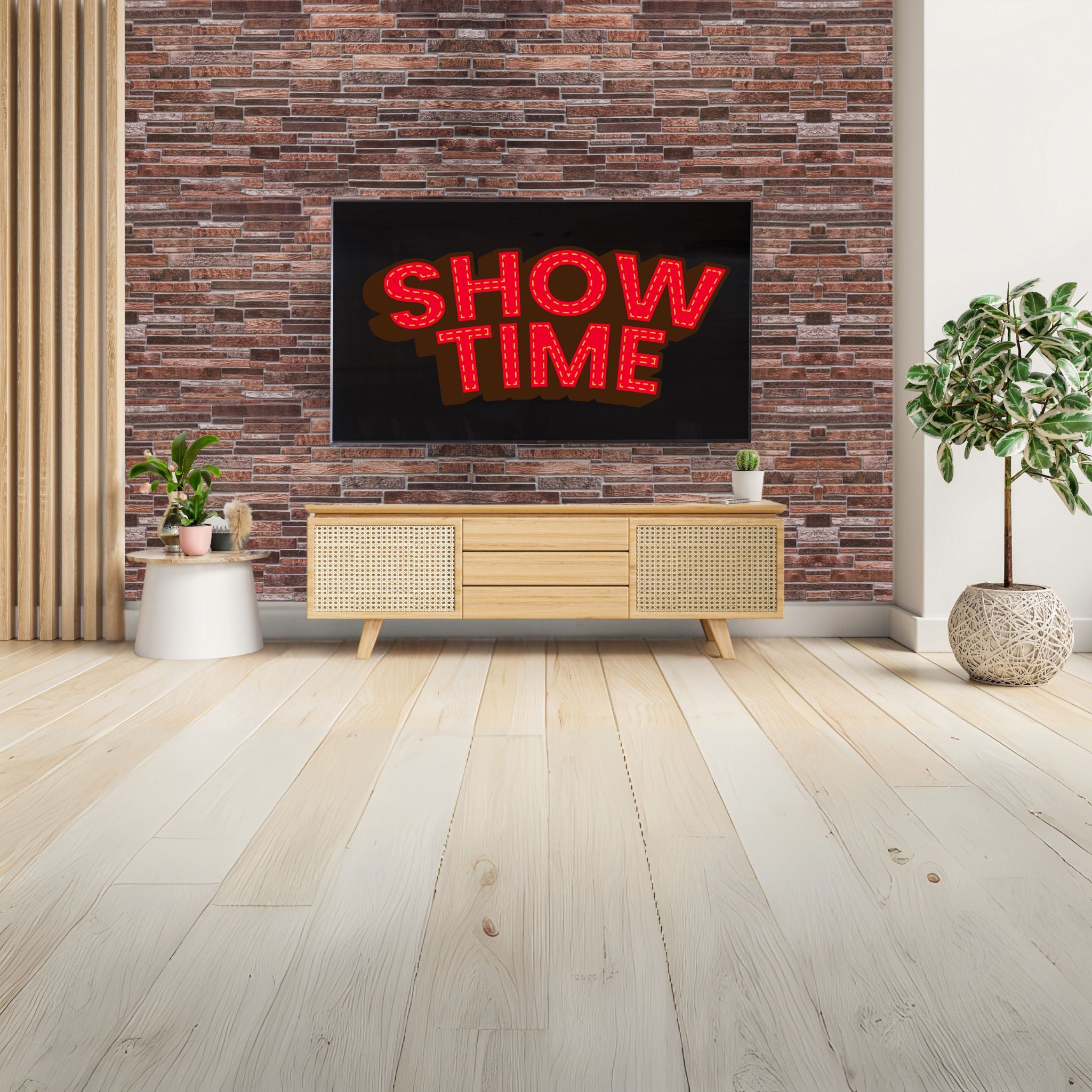 living room with copper brown slim stone brick pattern 3d wall panels
