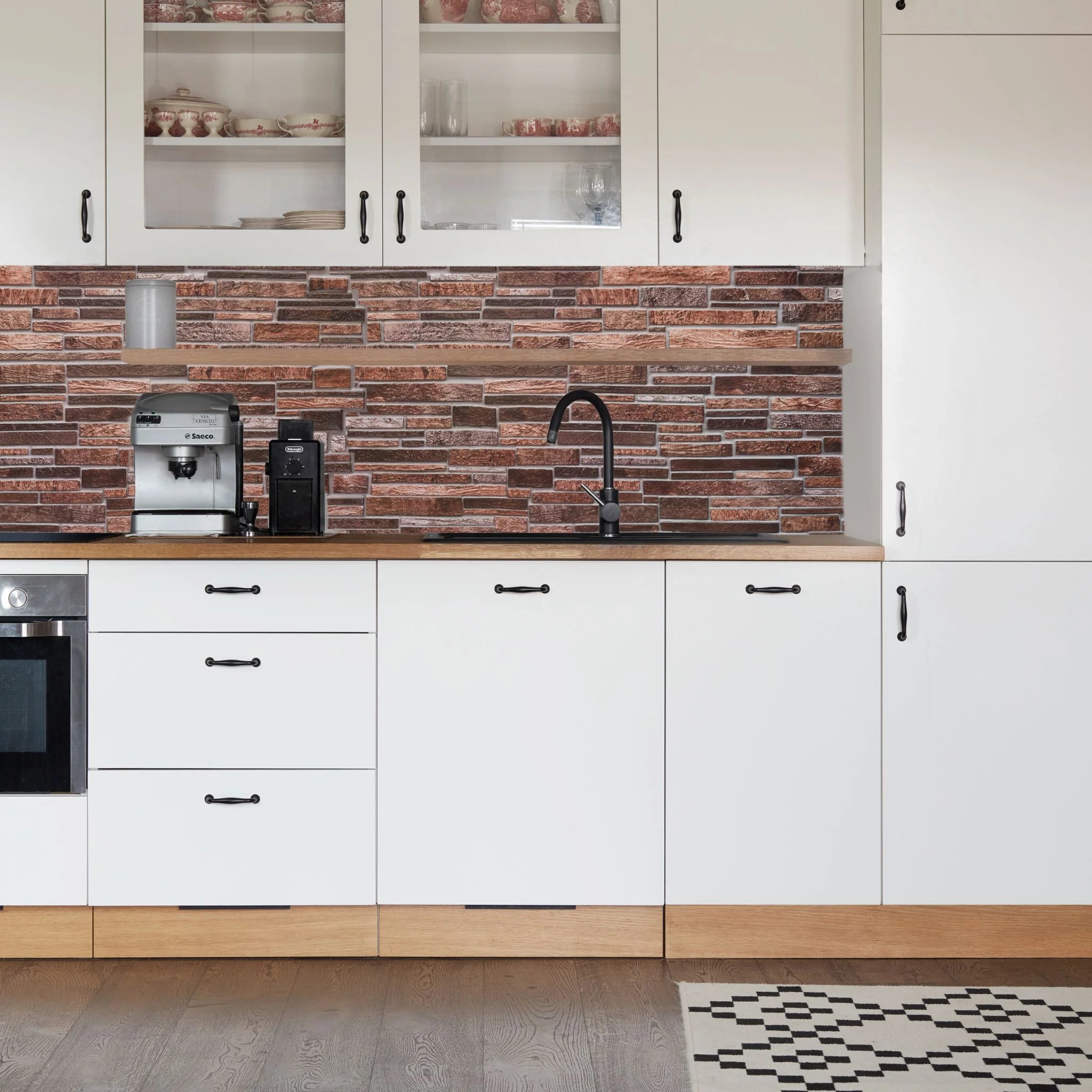 kitchen with copper brown slim stone brick pattern 3d wall panels