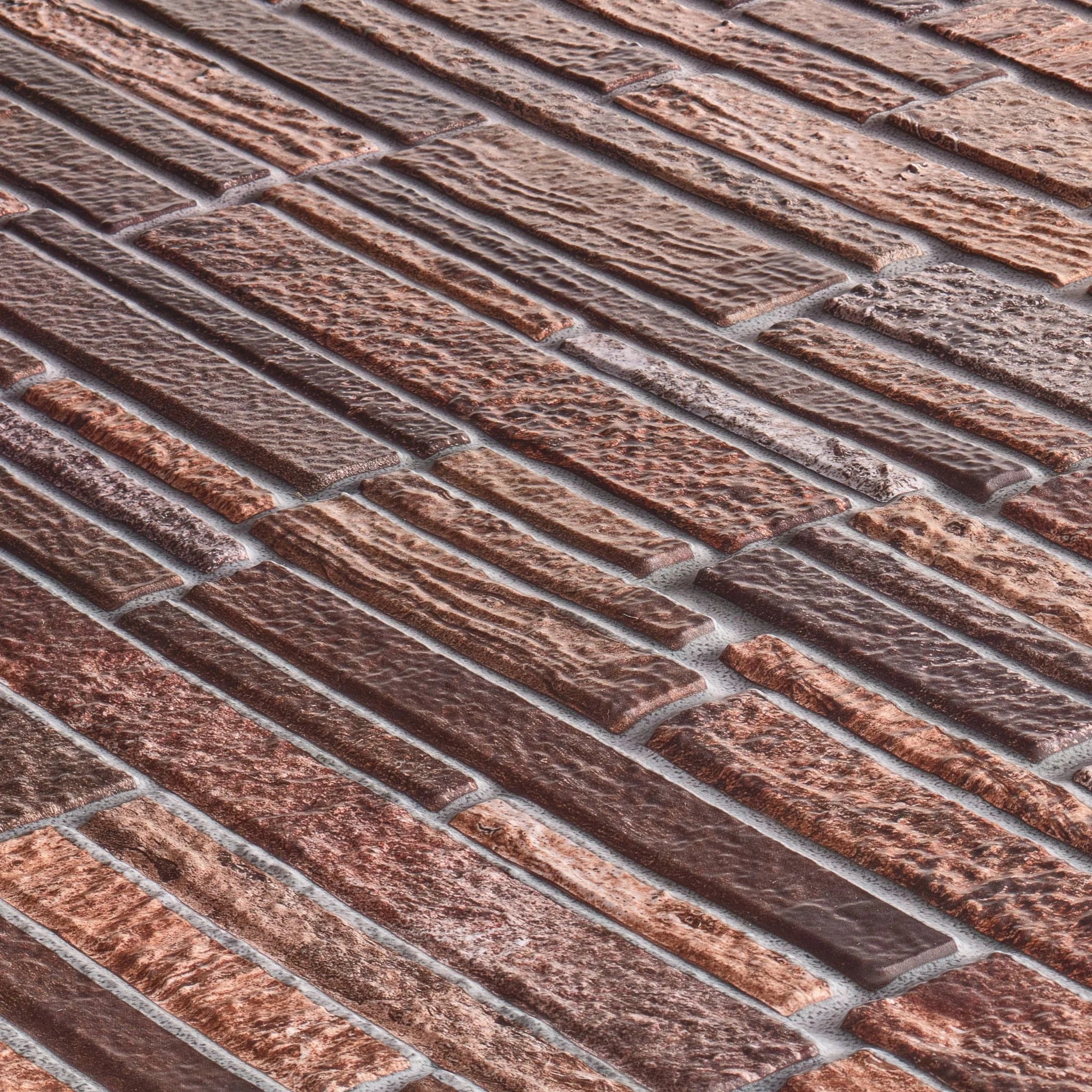 angled view of copper brown slim stone pattern 3d wall panel