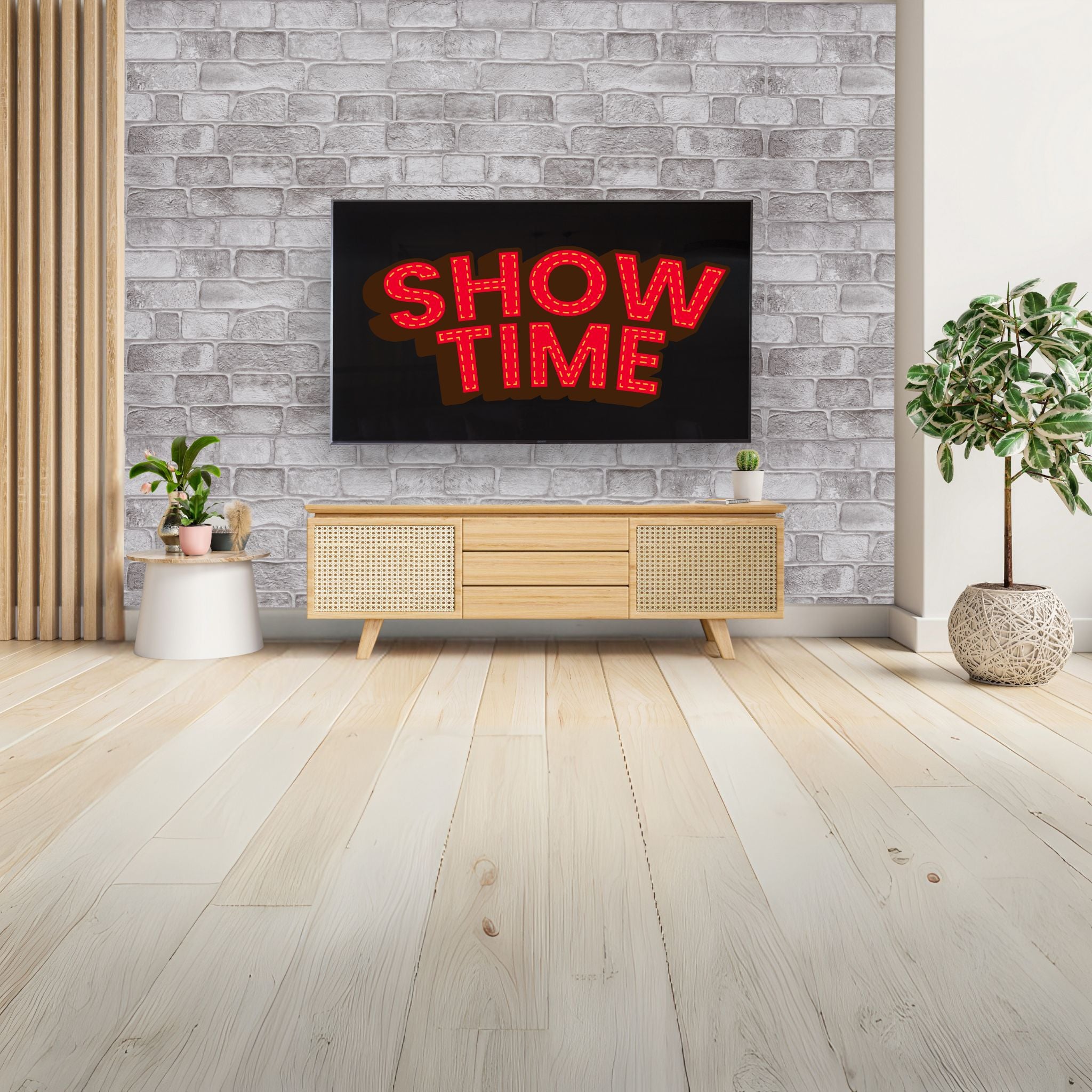 living room with grey faux brick pattern 3d wall panels