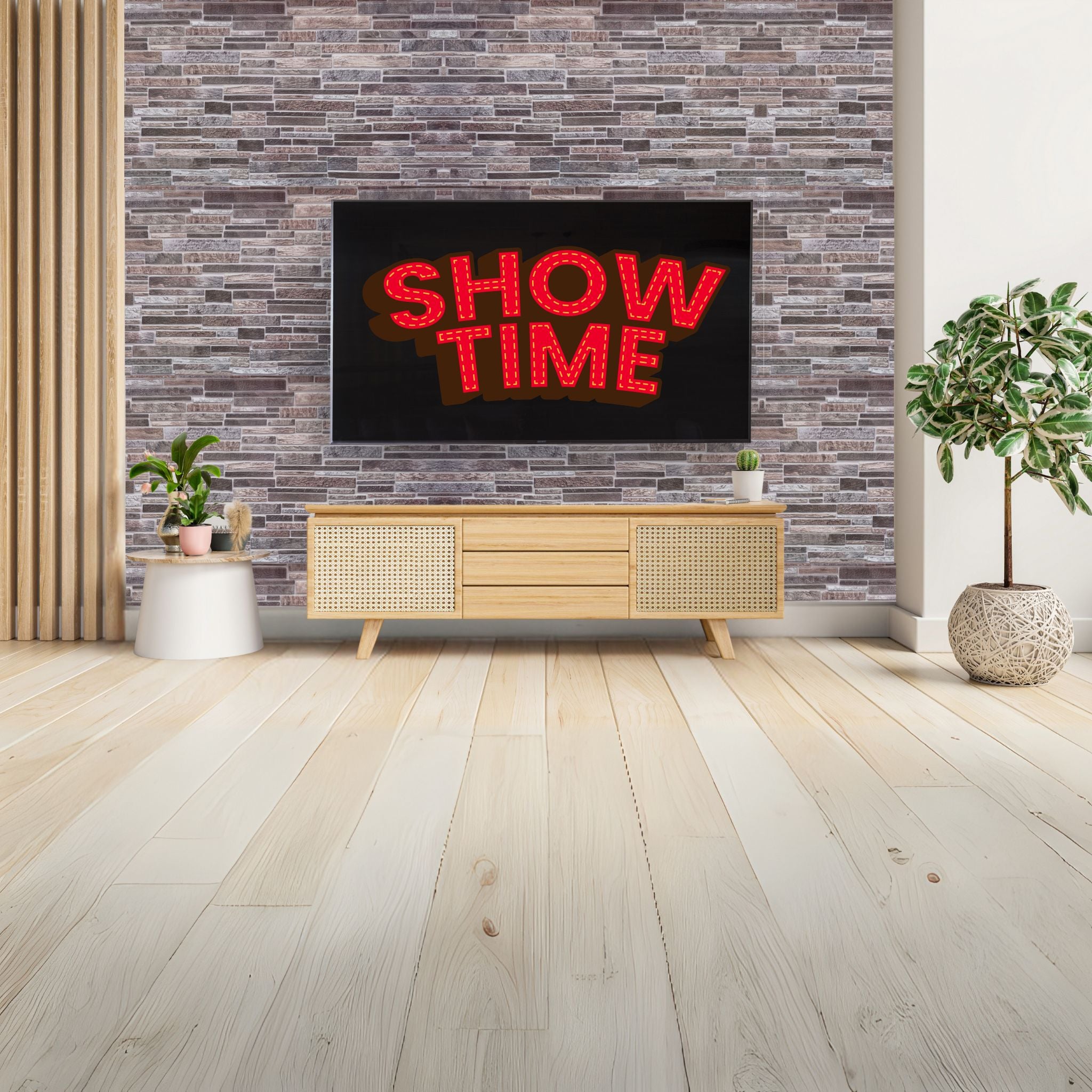 living room with grey slim stone brick pattern 3d wall panels
