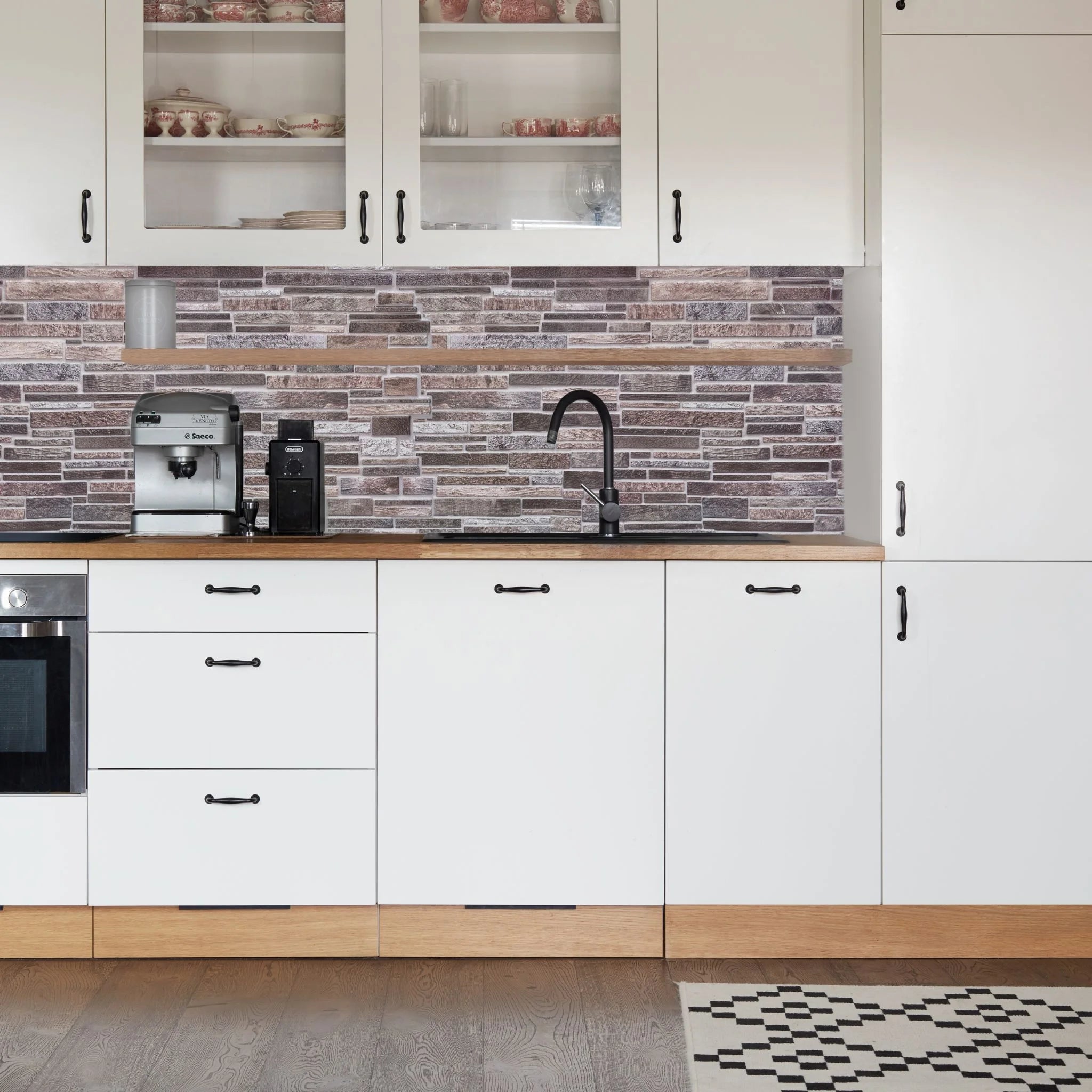 kitchen with grey slim stone brick pattern 3d wall panels