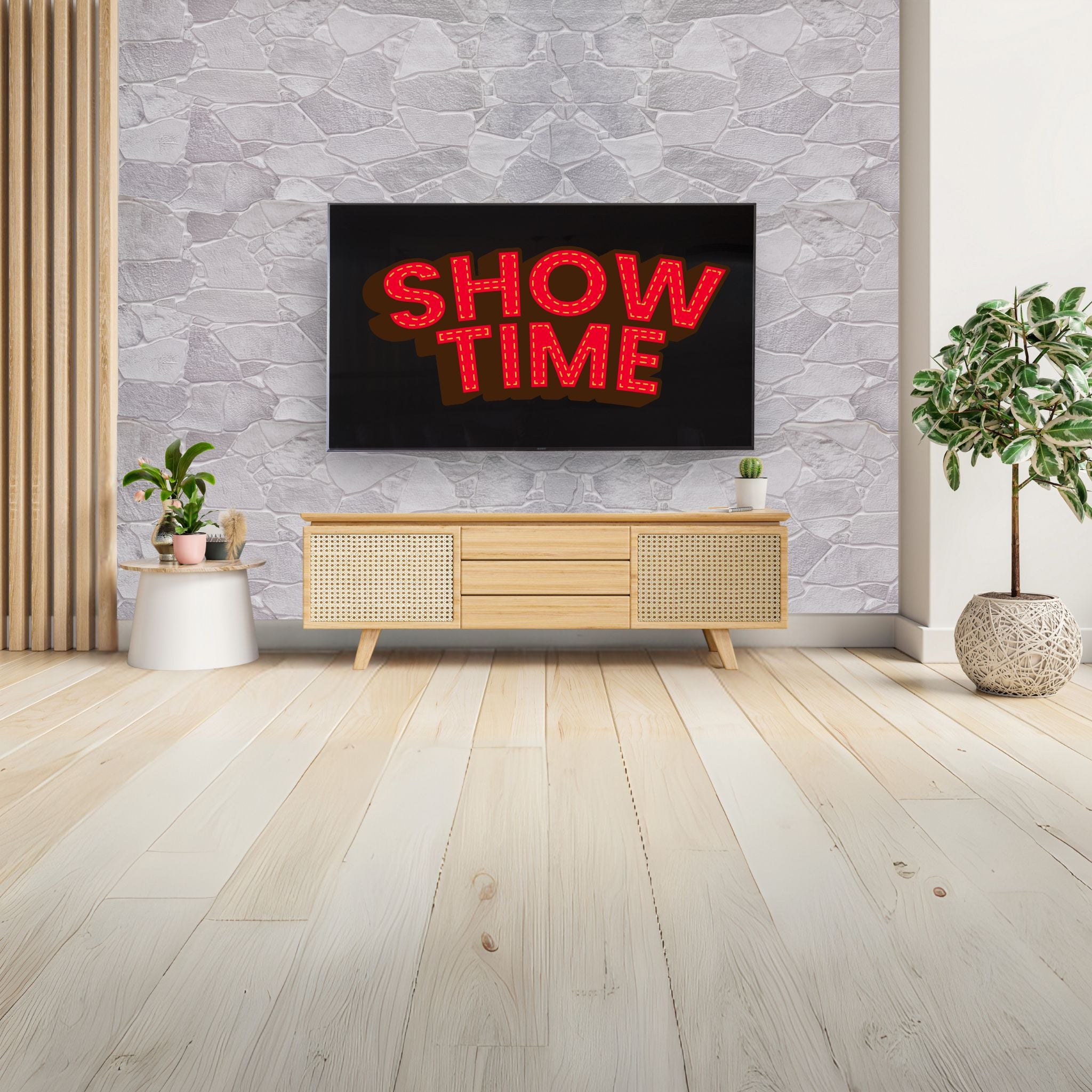 living room with grey wild stone pattern 3d wall panels