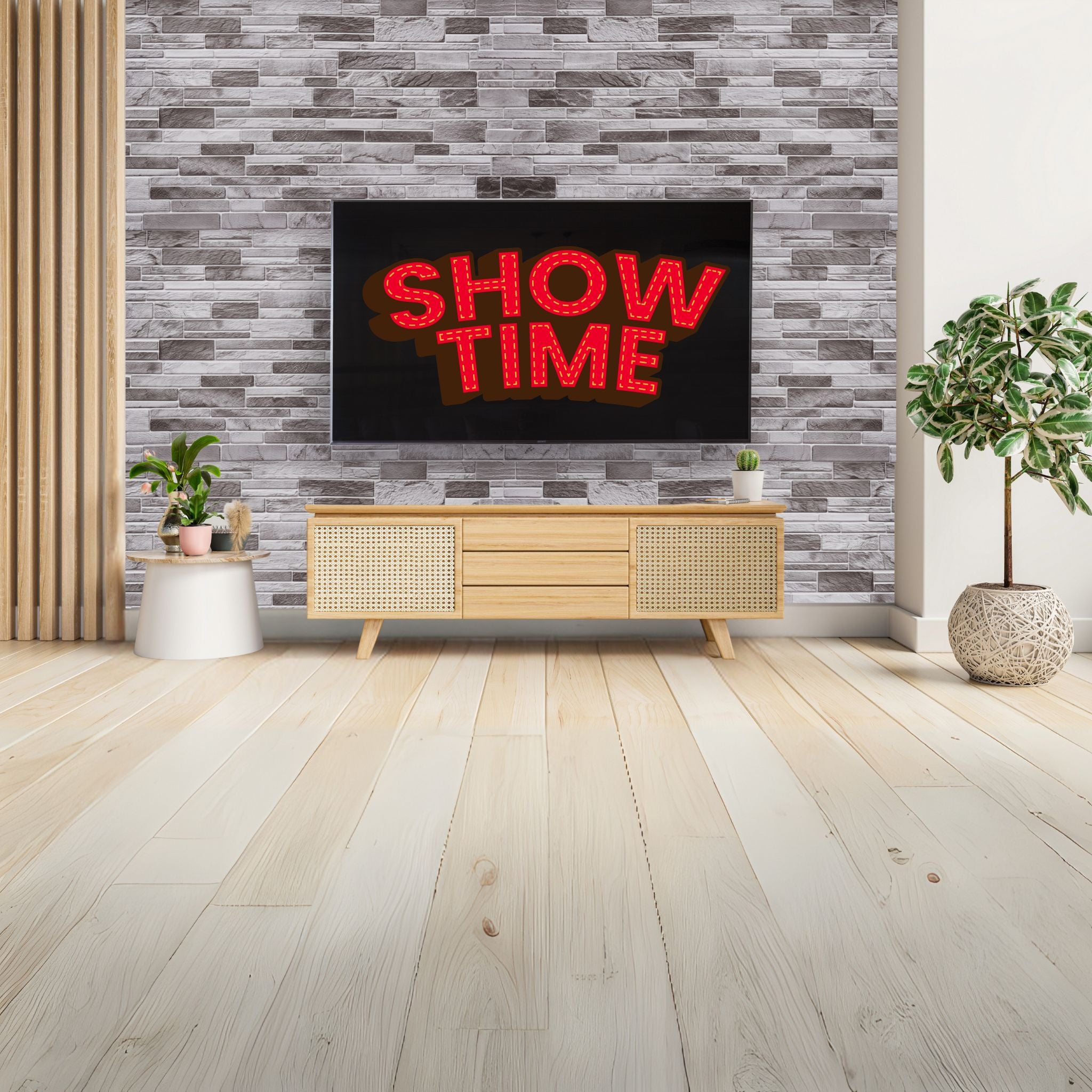 living room with light grey slim stone brick pattern 3d wall panels