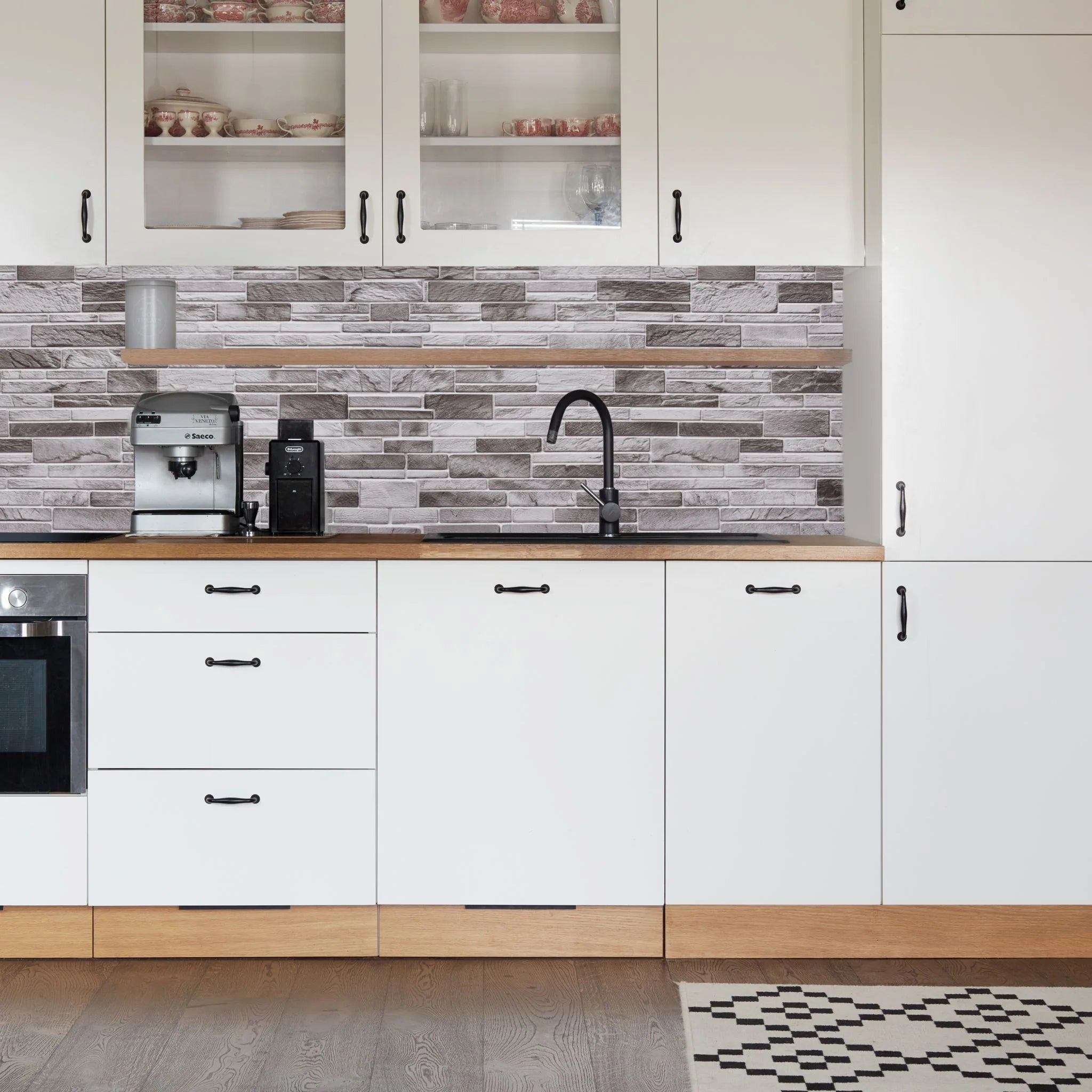 kitchen with light grey slim stone brick pattern 3d wall panels