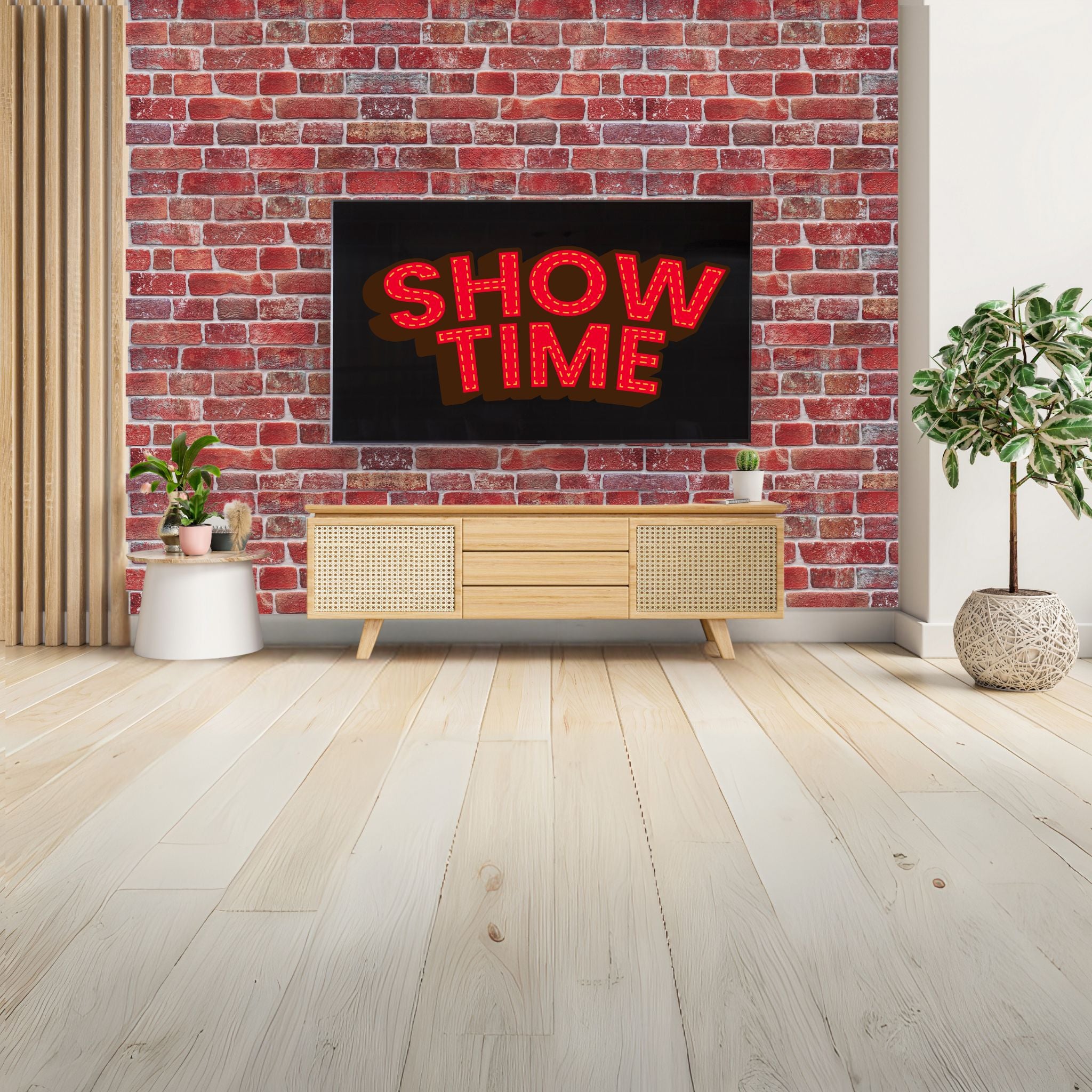 living room with red retro brick pattern 3d wall panels