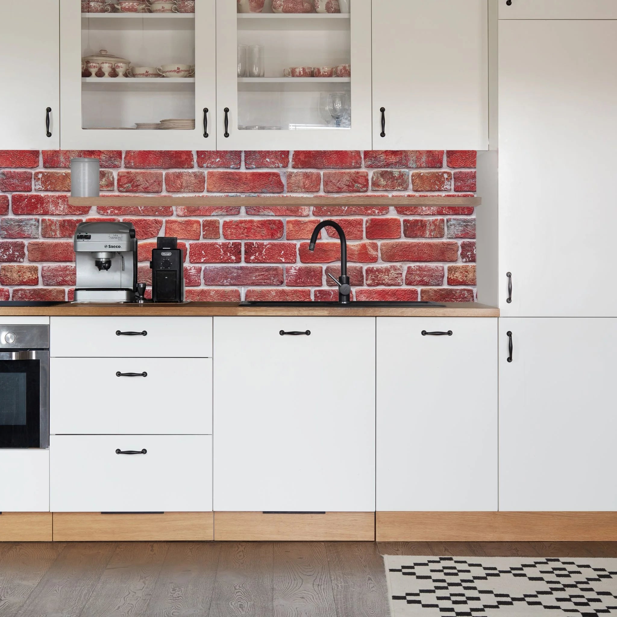 kitchen with red retro brick pattern 3d wall panels