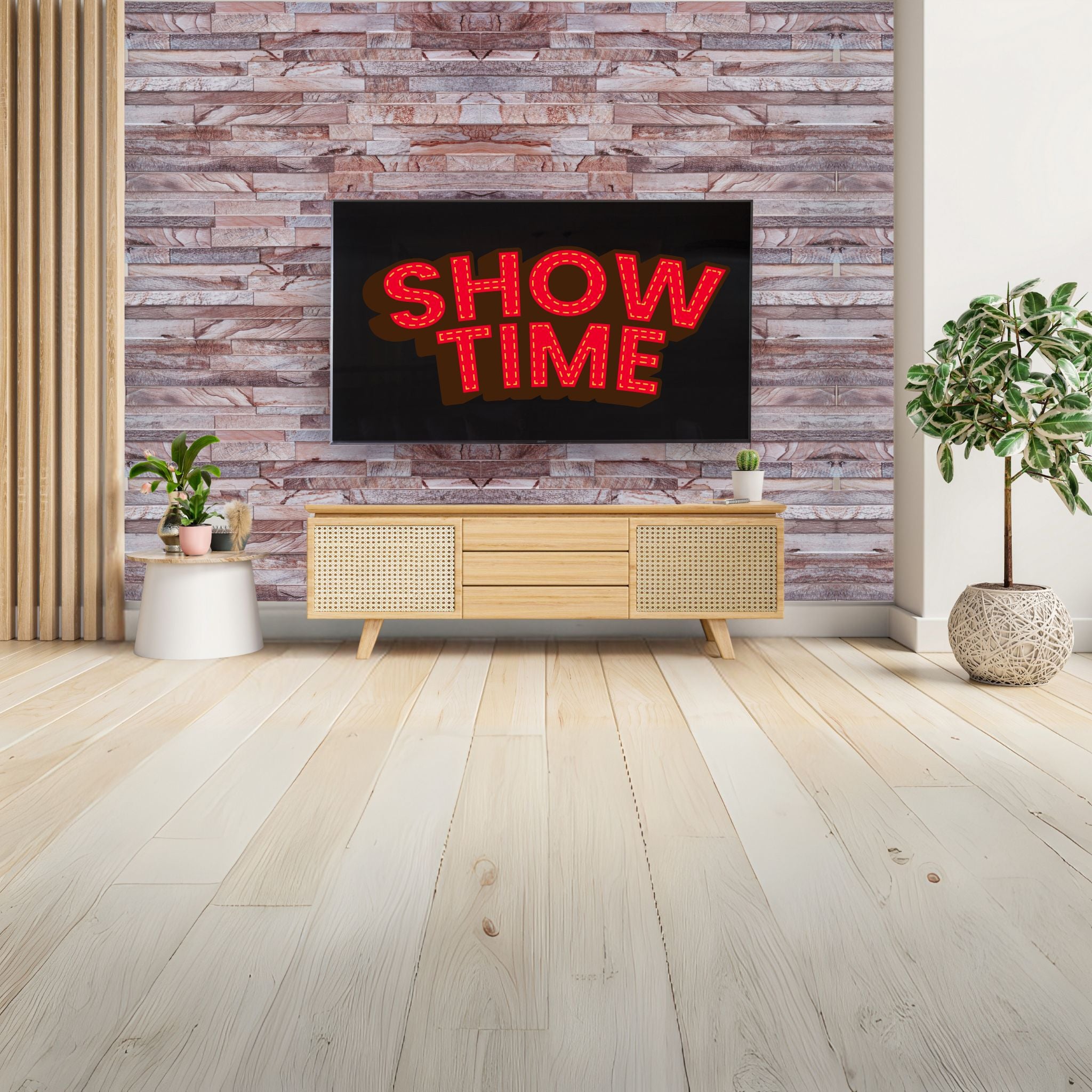 living room with rose marble slim stone brick pattern 3d wall panels