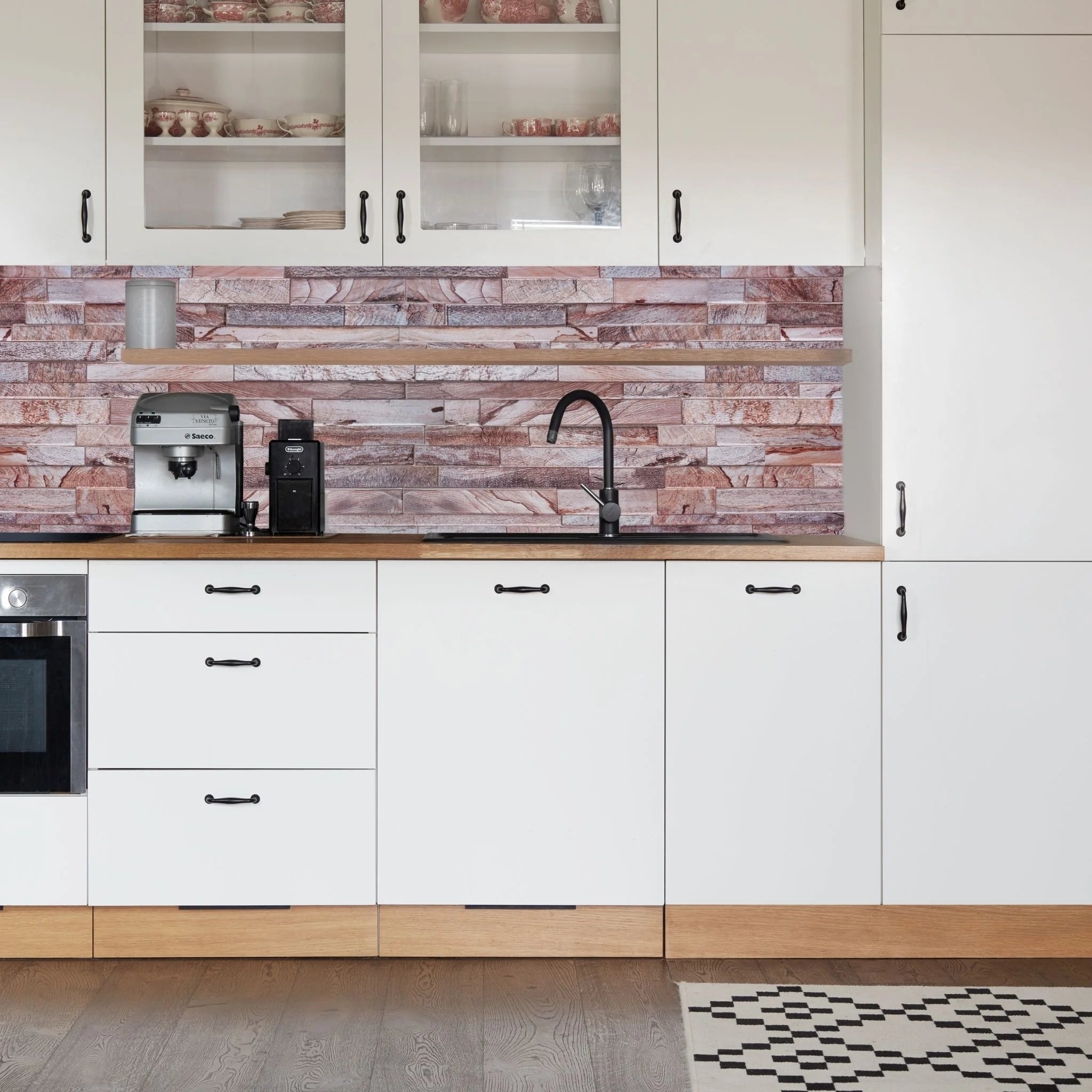kitchen with rose marble slim stone brick pattern 3d wall panels