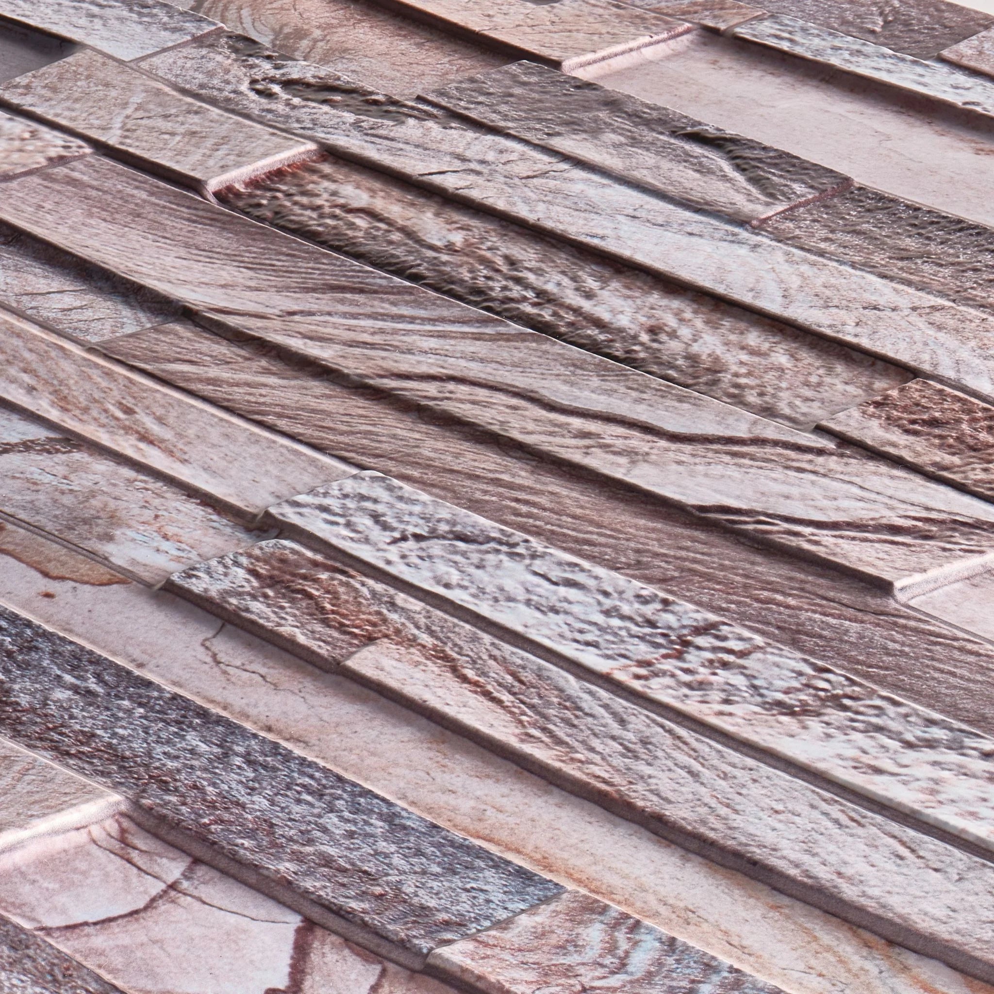 angled view of rose marble slim stone brick pattern 3d wall panel