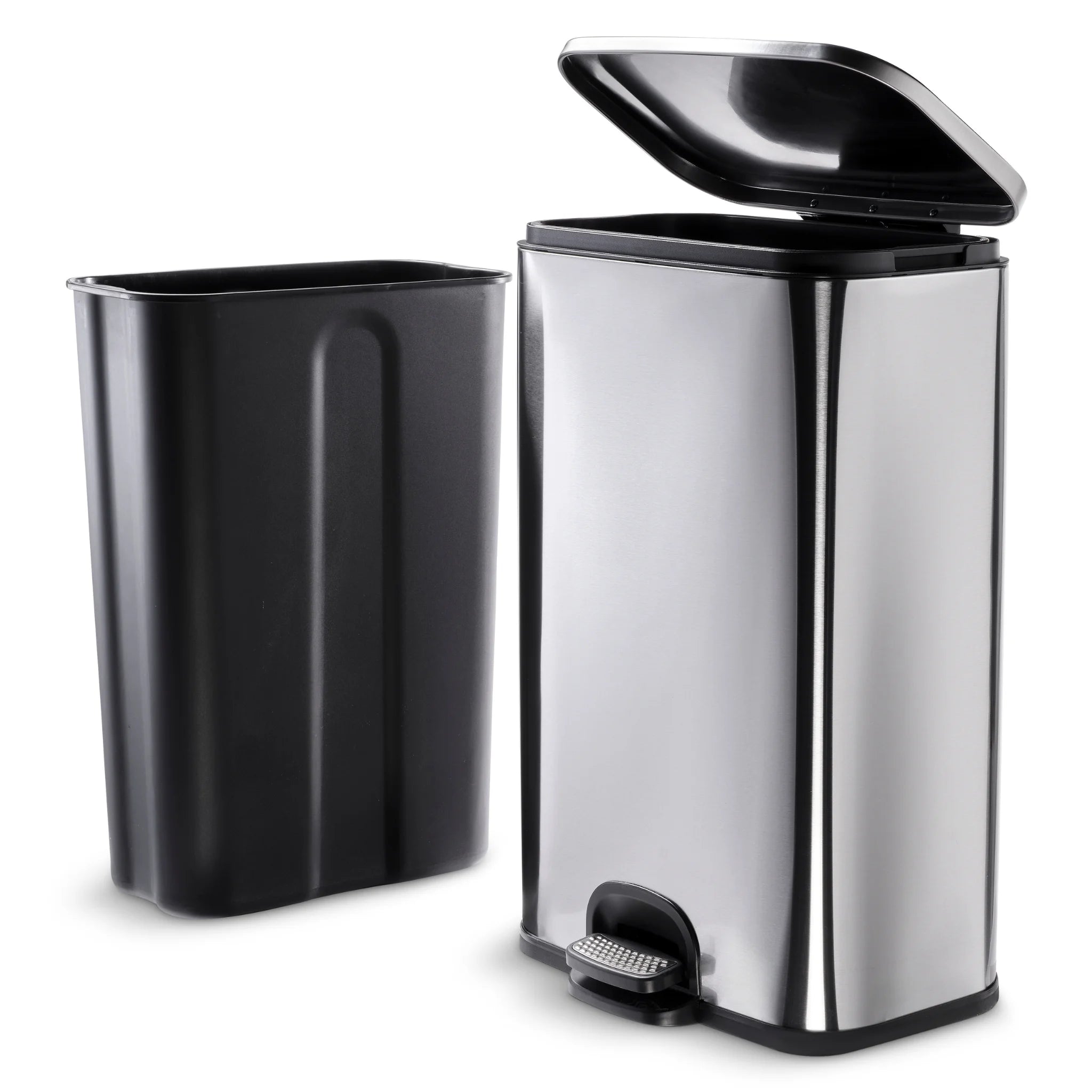 50L stainless steel kitchen bin with removable black inner bucket and pedal soft close lid