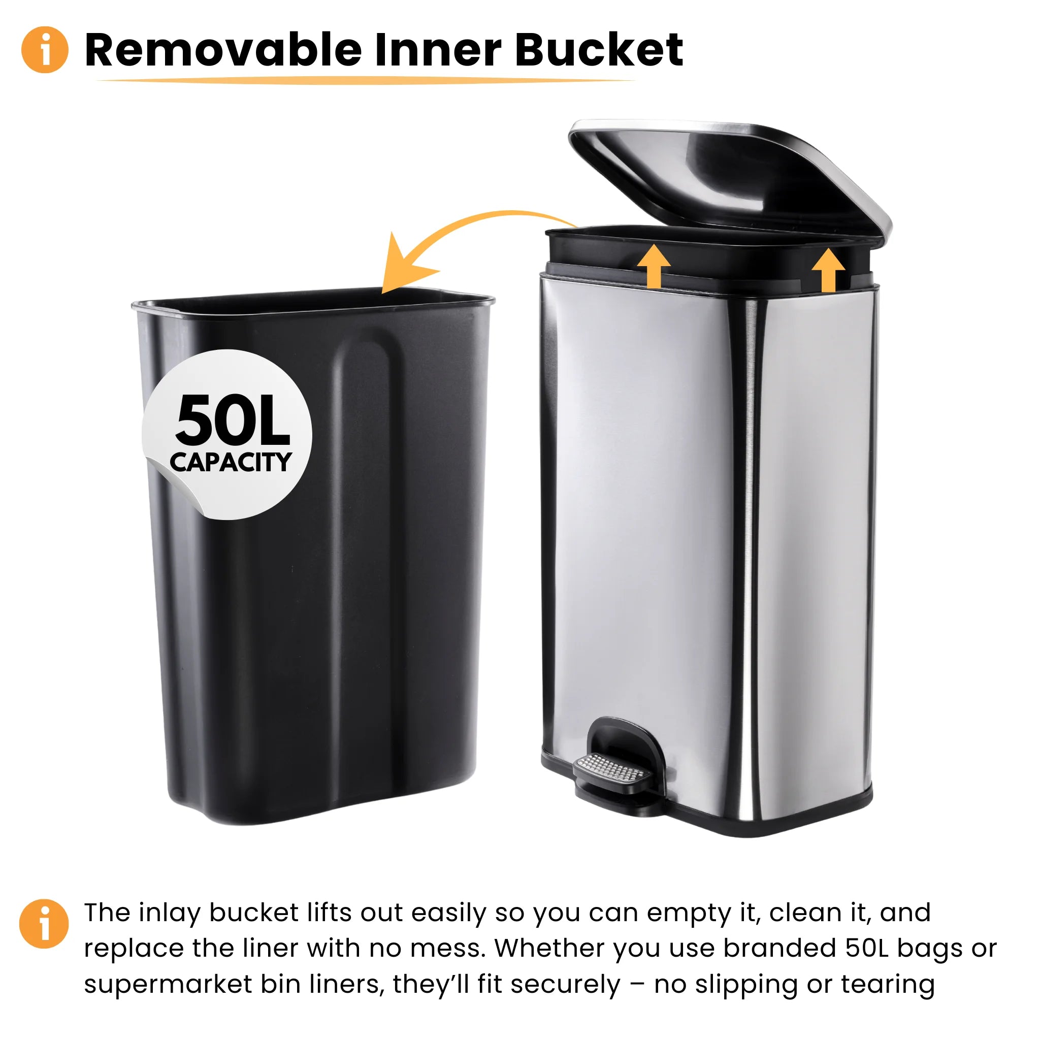 50L kitchen bin with removable inner bucket for easy waste disposal and liner replacement