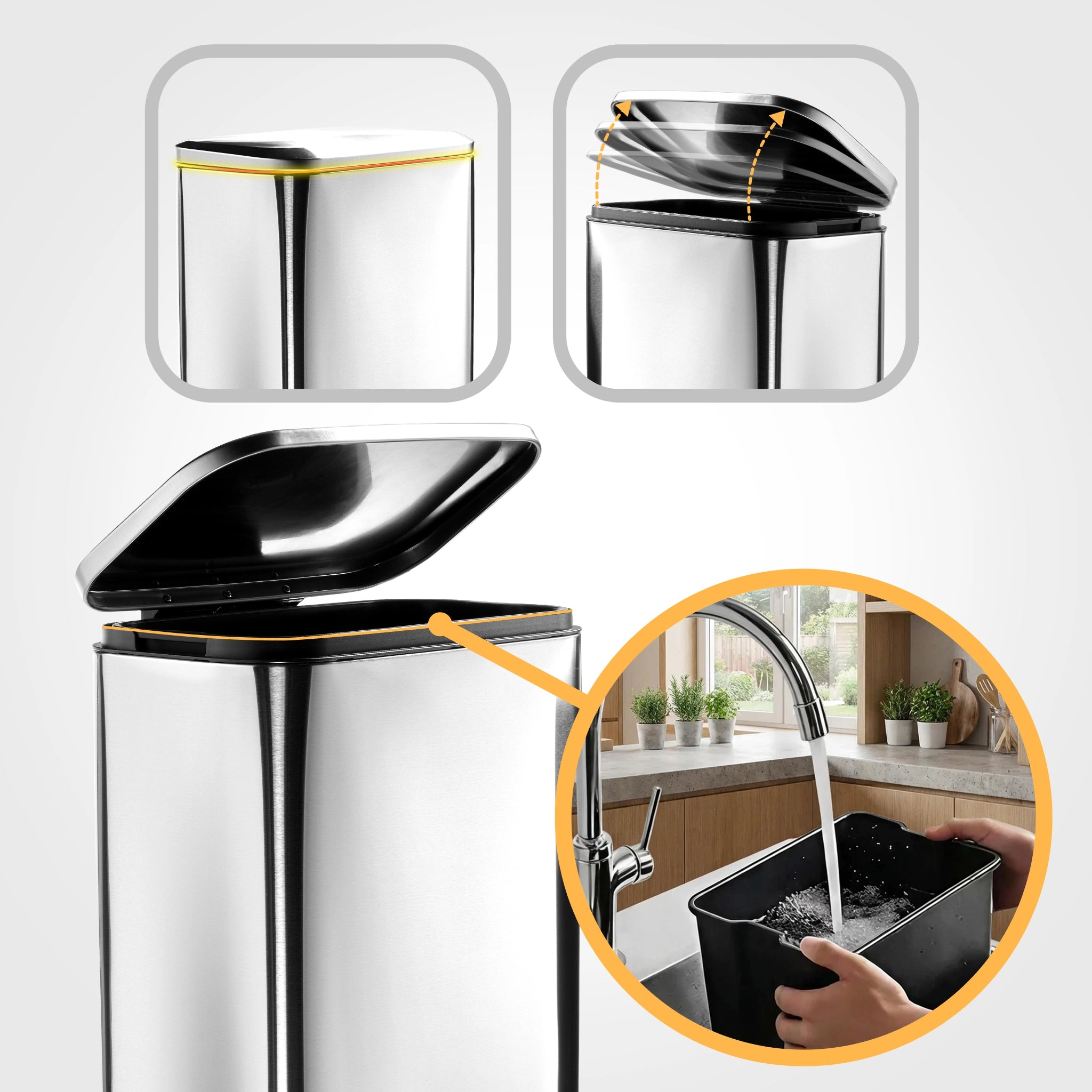 50L kitchen bin with removable inner bucket for easy waste disposal and liner replacement