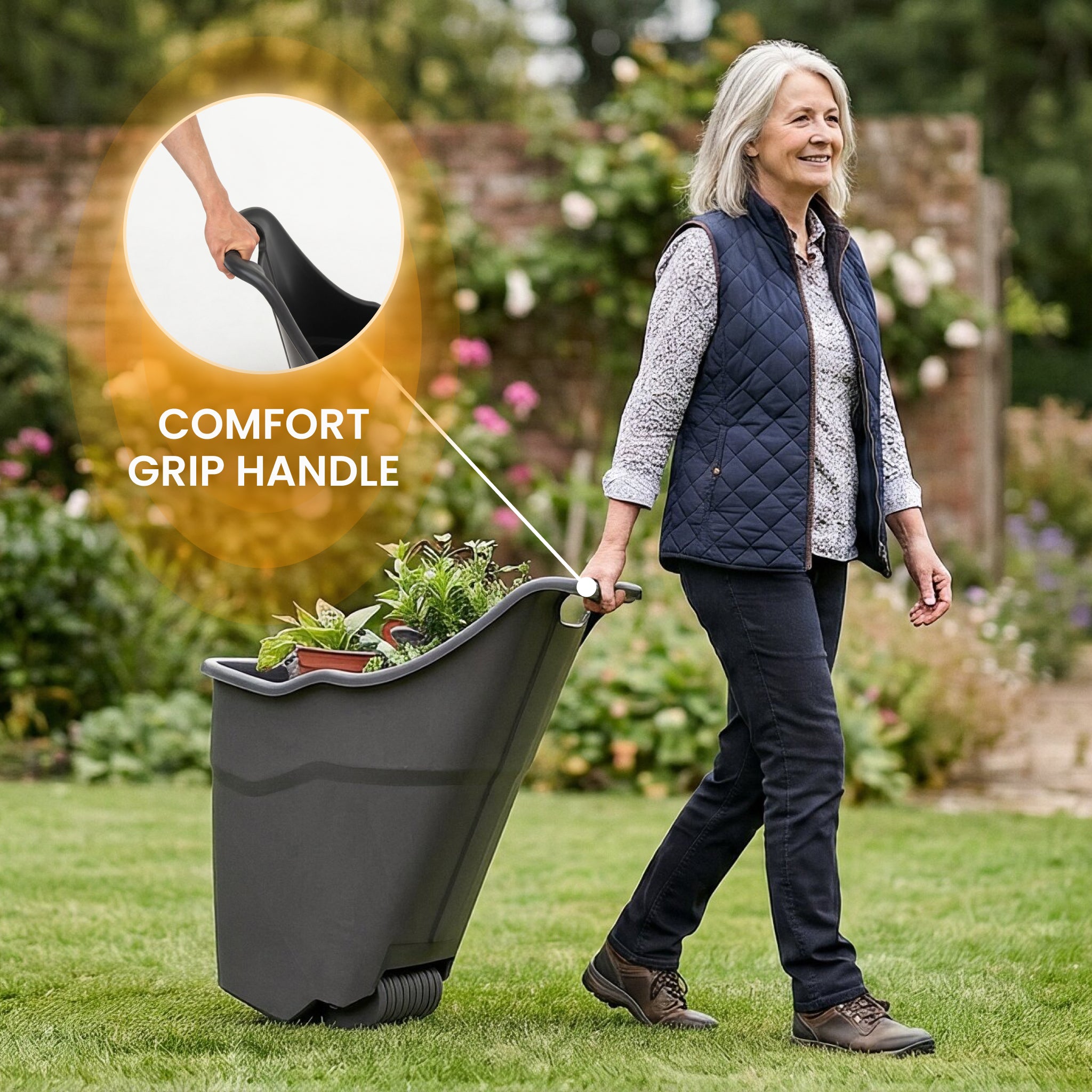 Older woman pulling garden caddy with potted plants