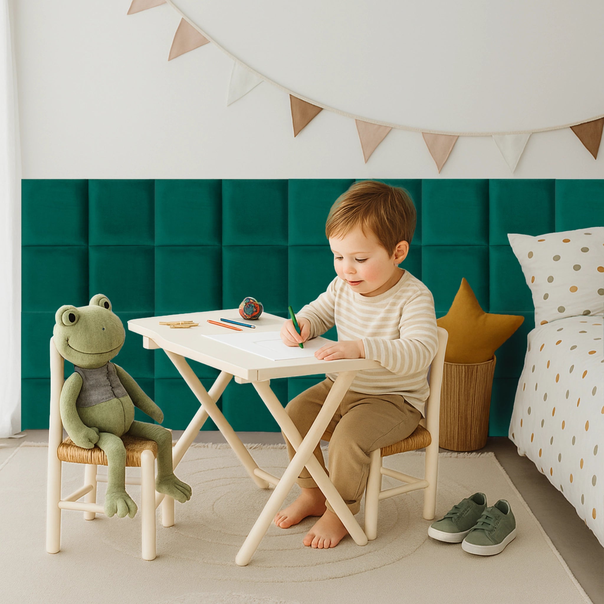 Green Velvet Upholstered Wall Panels with Adhesive - 30x30cm