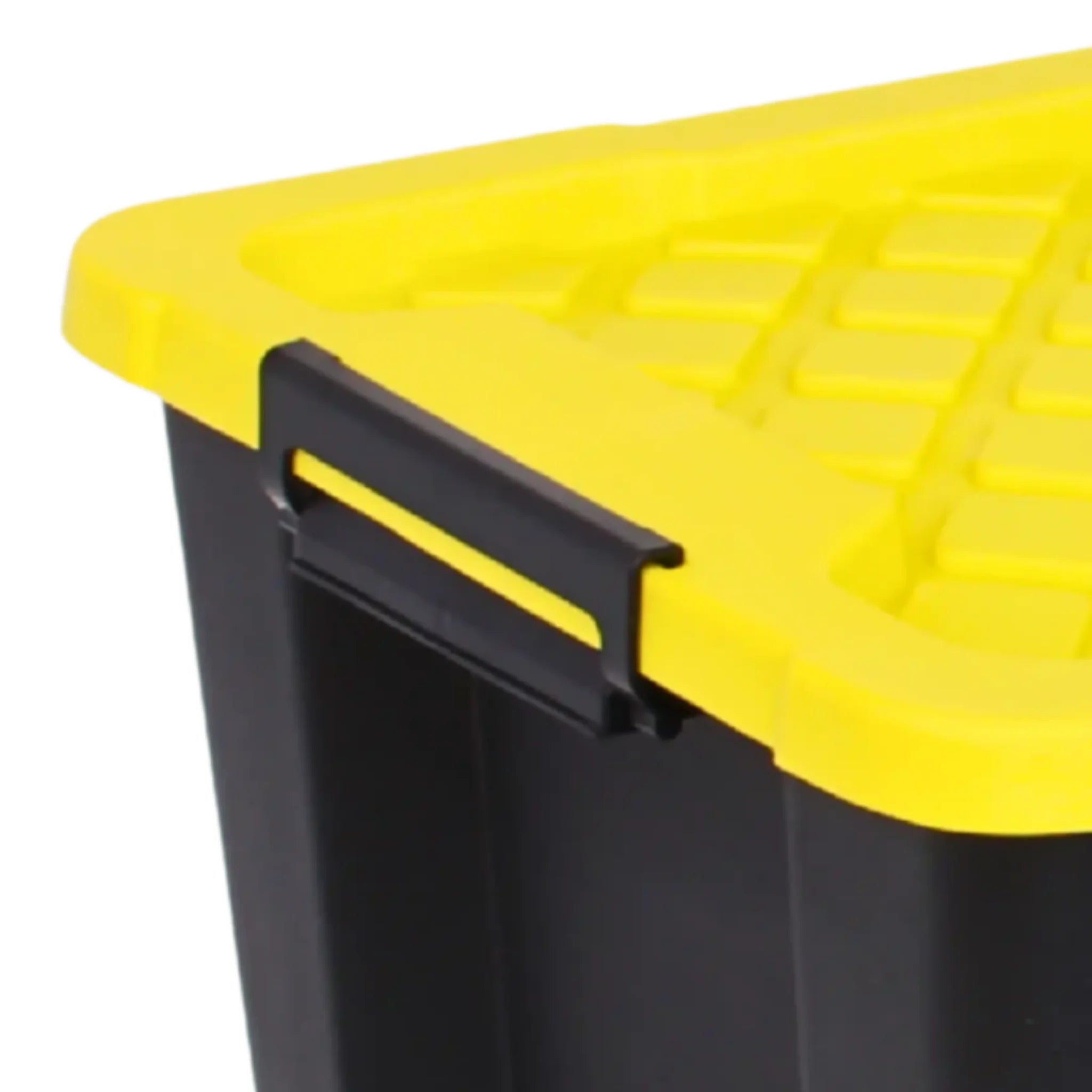 close-up of red clip lock handle on storage box