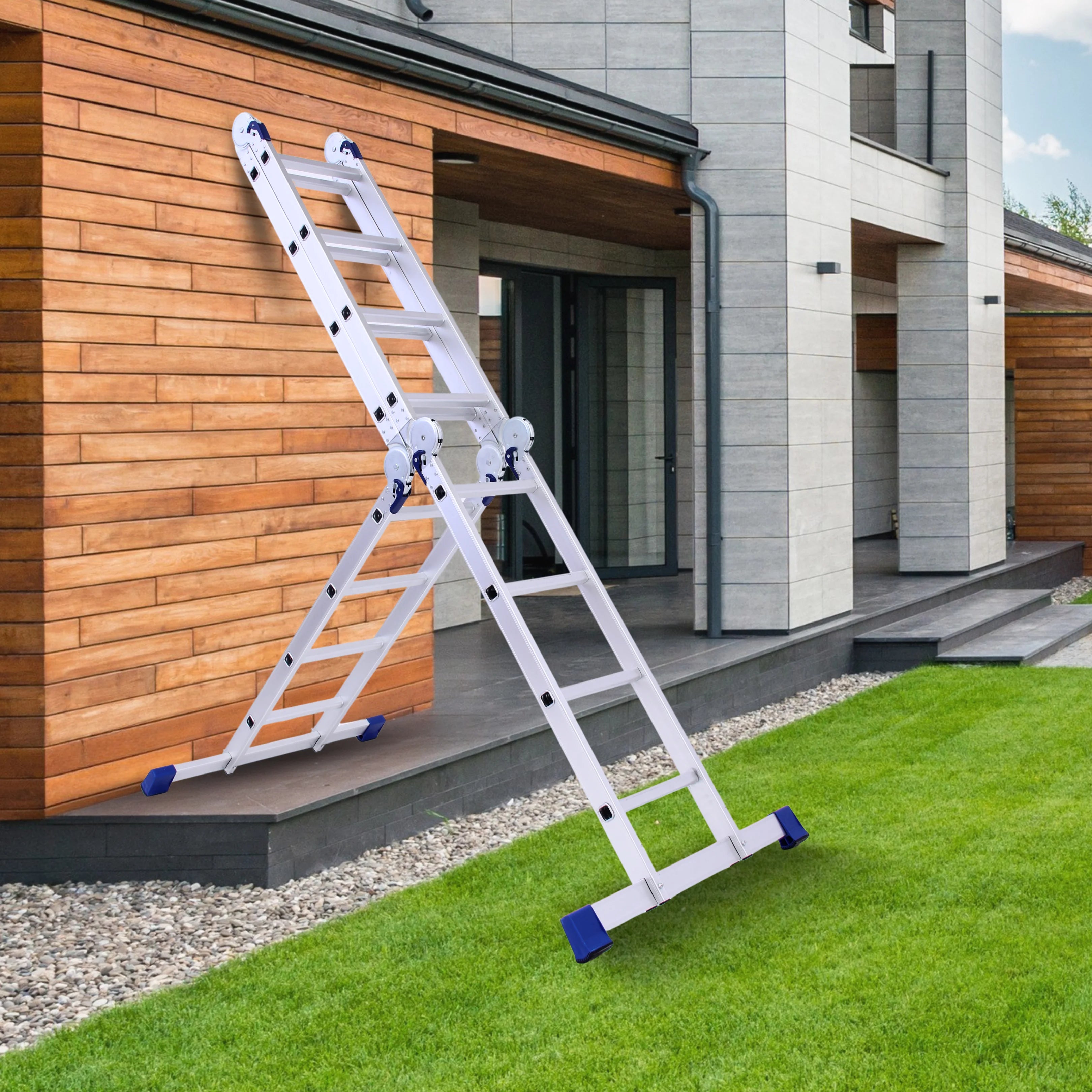 heavy duty ladder for home resting on the lawn in front of a house