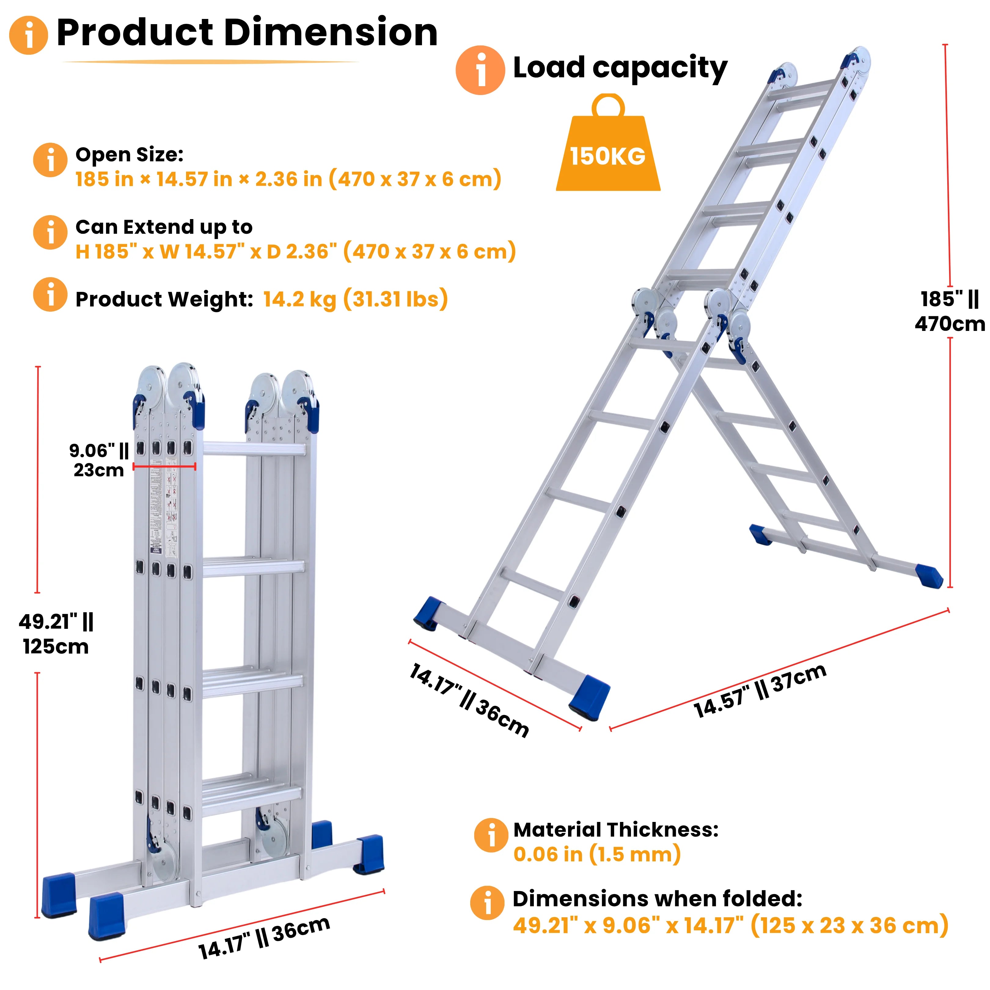 Product dimensions for a 4.7 m high combination ladder showing height width and depth