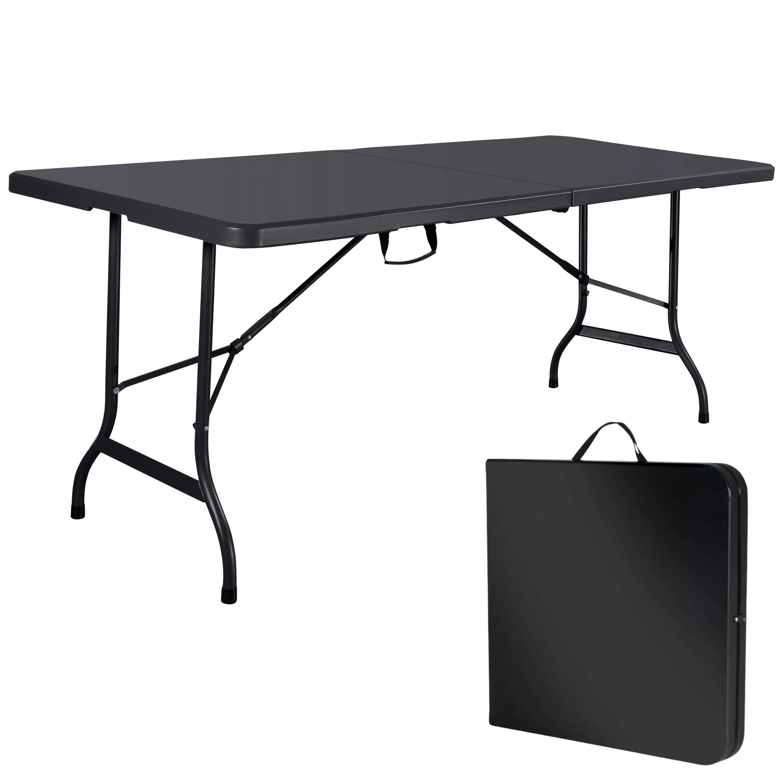 black 6ft folding table and case folded and unfolded