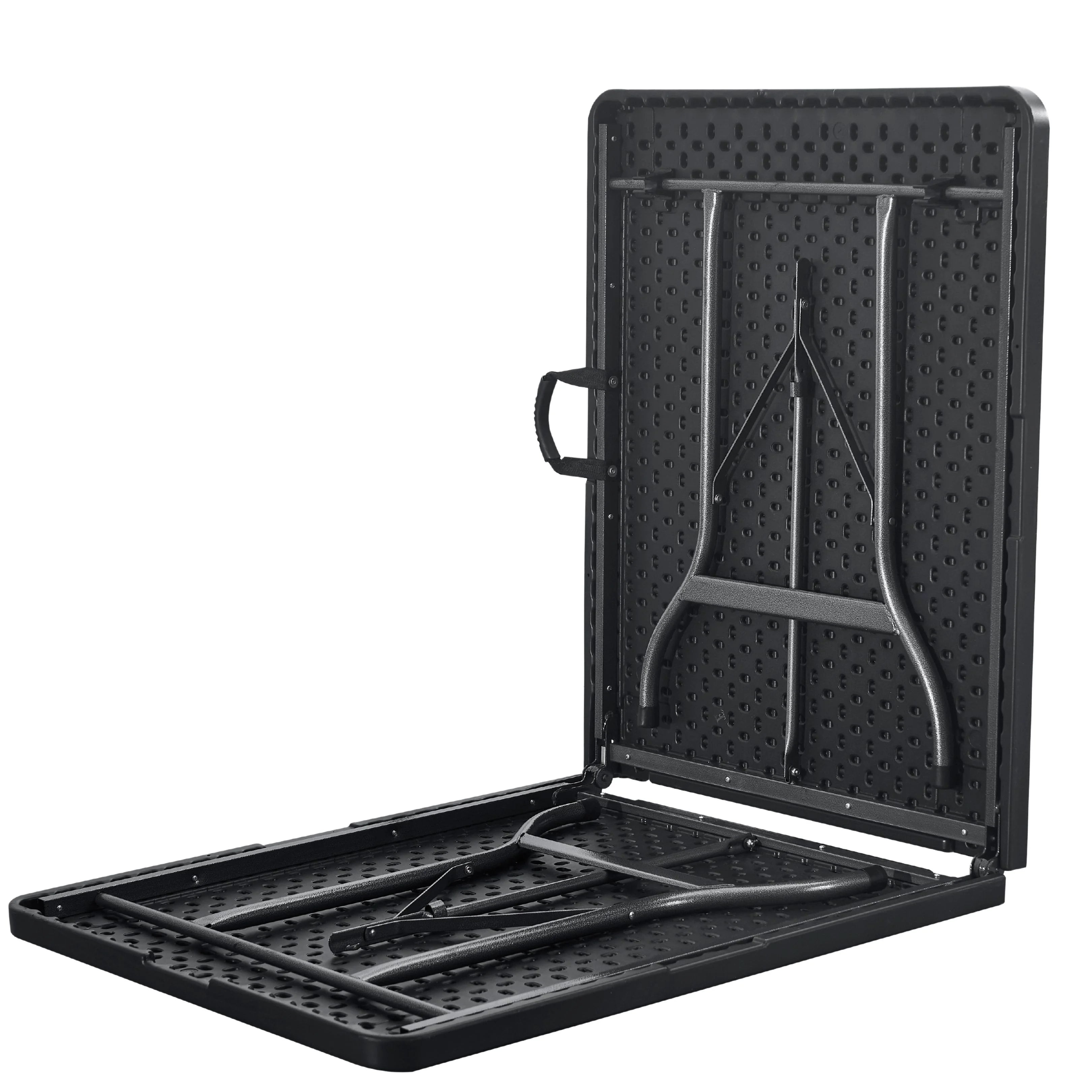 black 6ft folding table in folded position standing