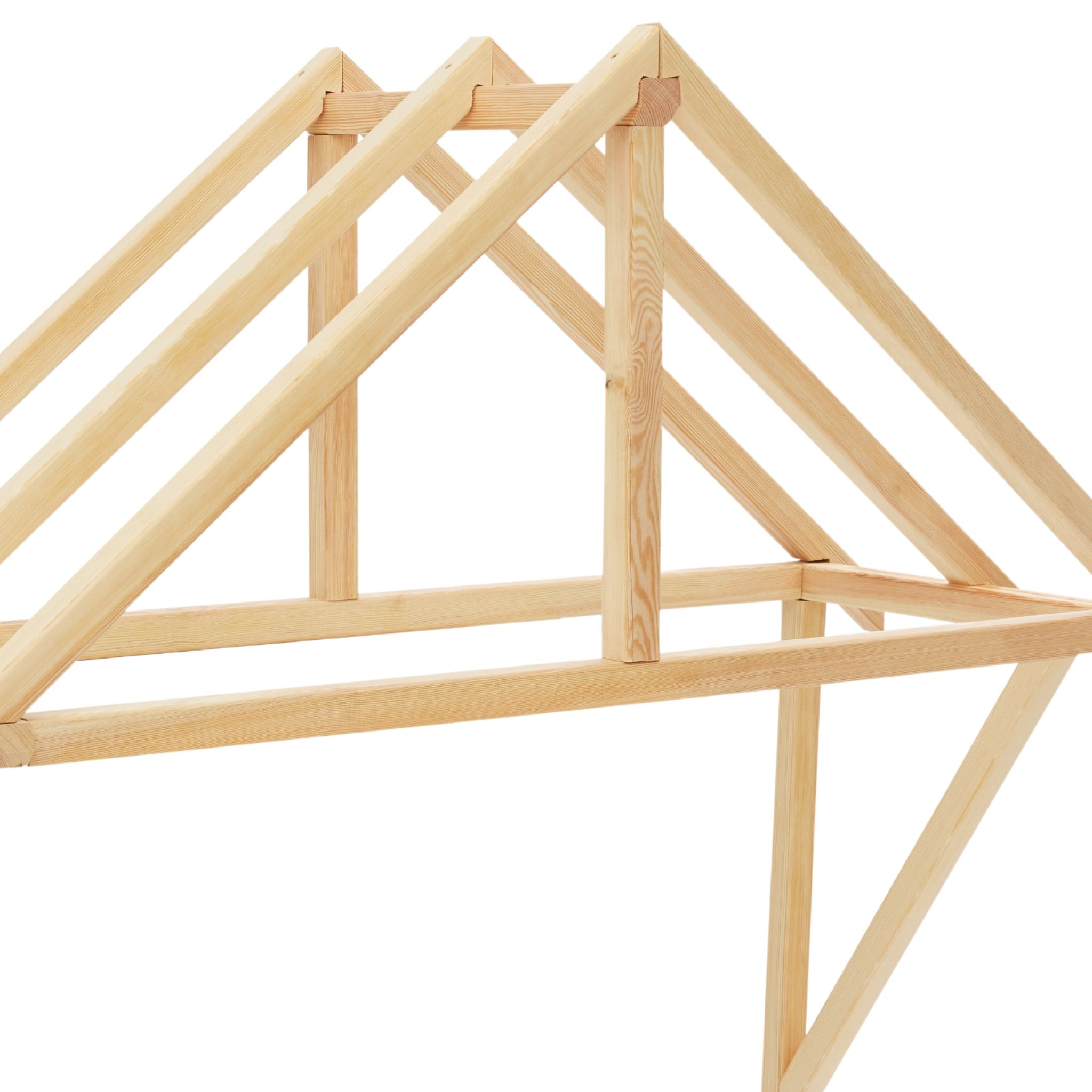 close-up of wooden canopy frame with angled supports