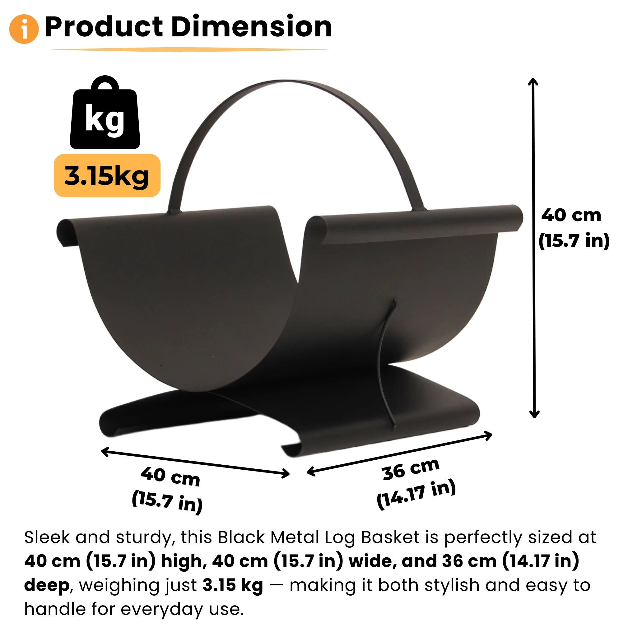 product dimensions for a black metal basket