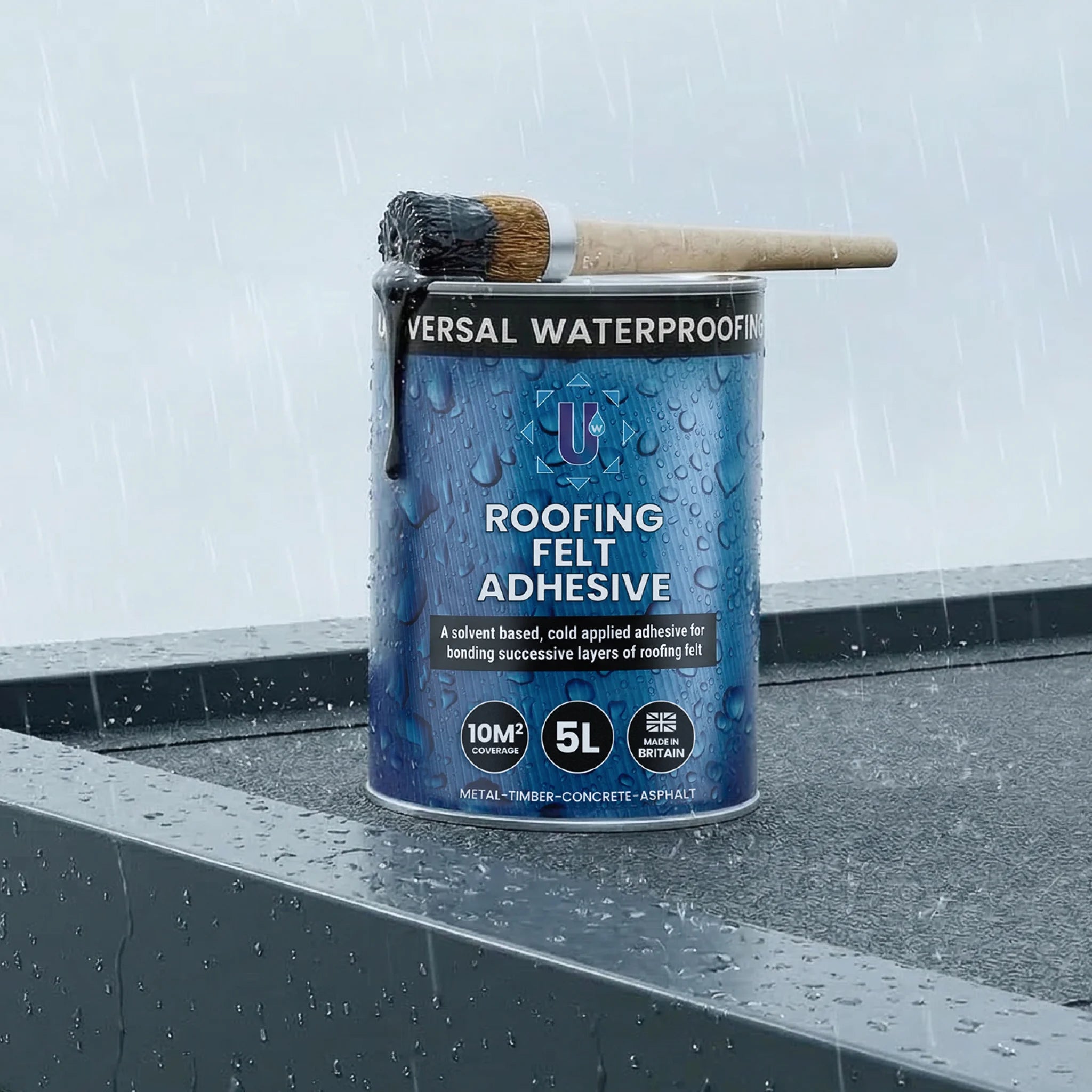man applying adhesive on shed roof