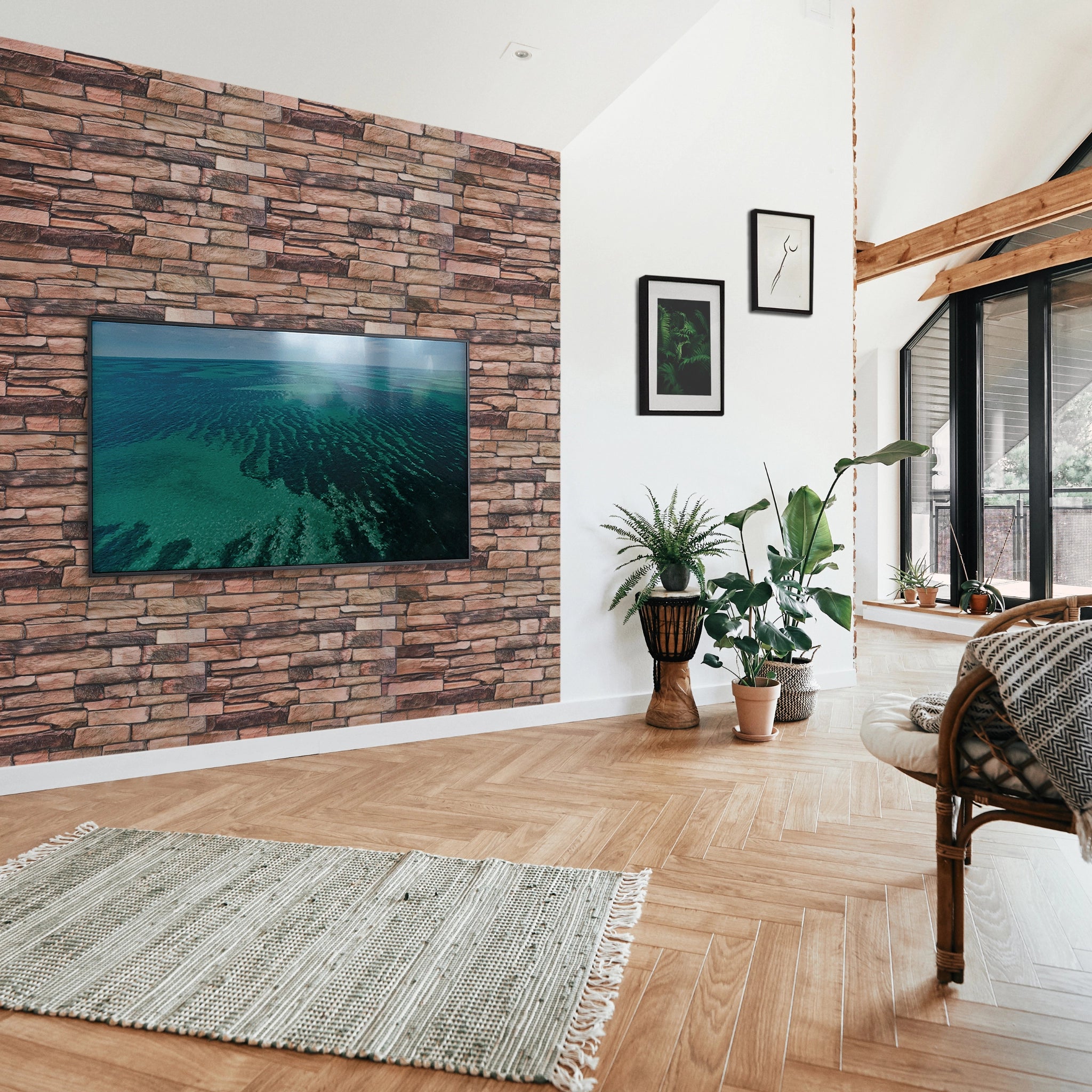 Modern living room with brown wall panel featuring geometric patterns