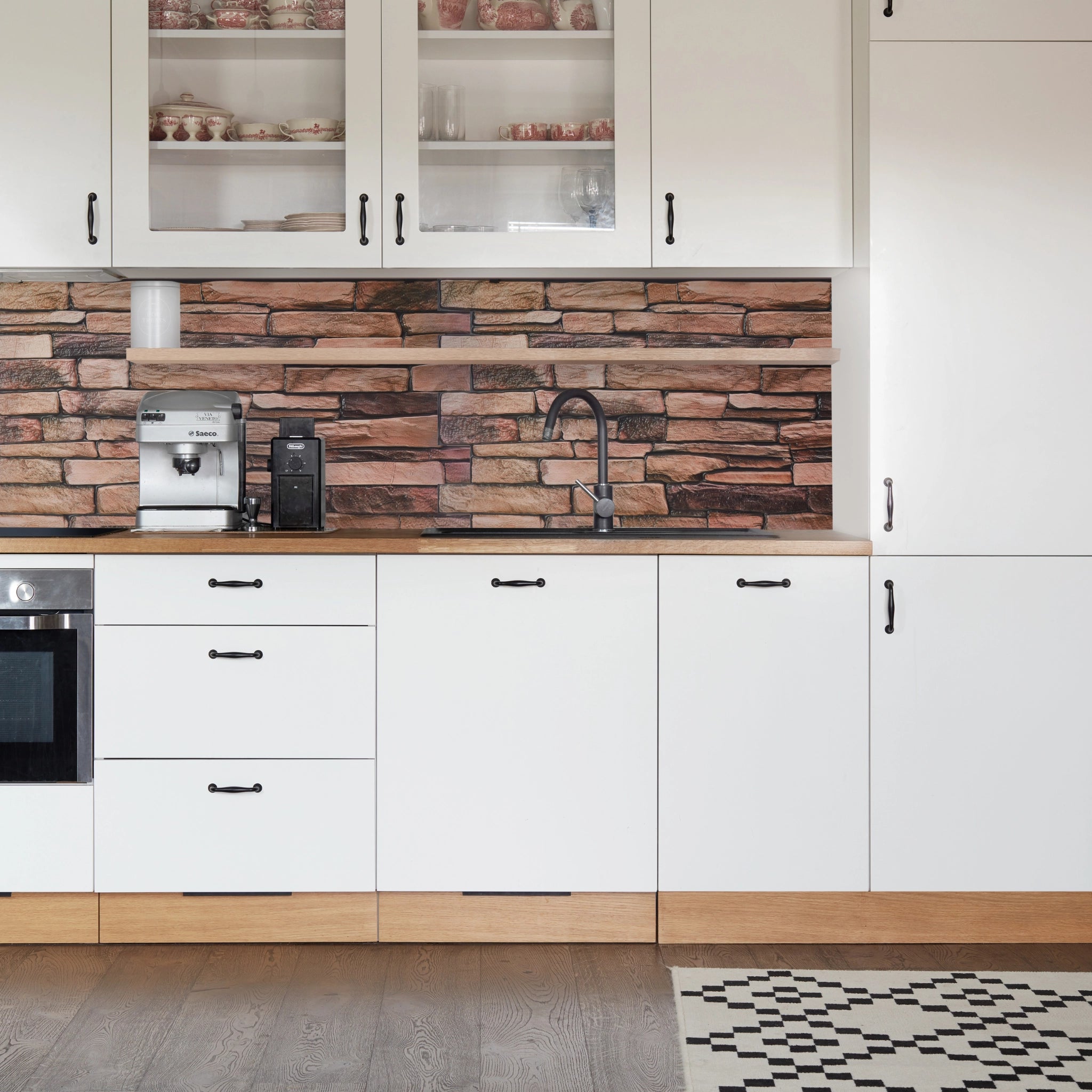 Kitchen with brown geometric-patterned wall panels and modern decor
