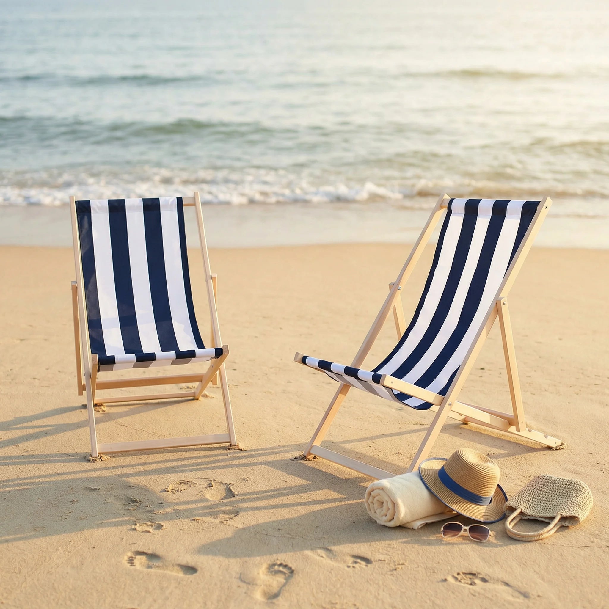 Two striped seaside lounger on beach with sea view