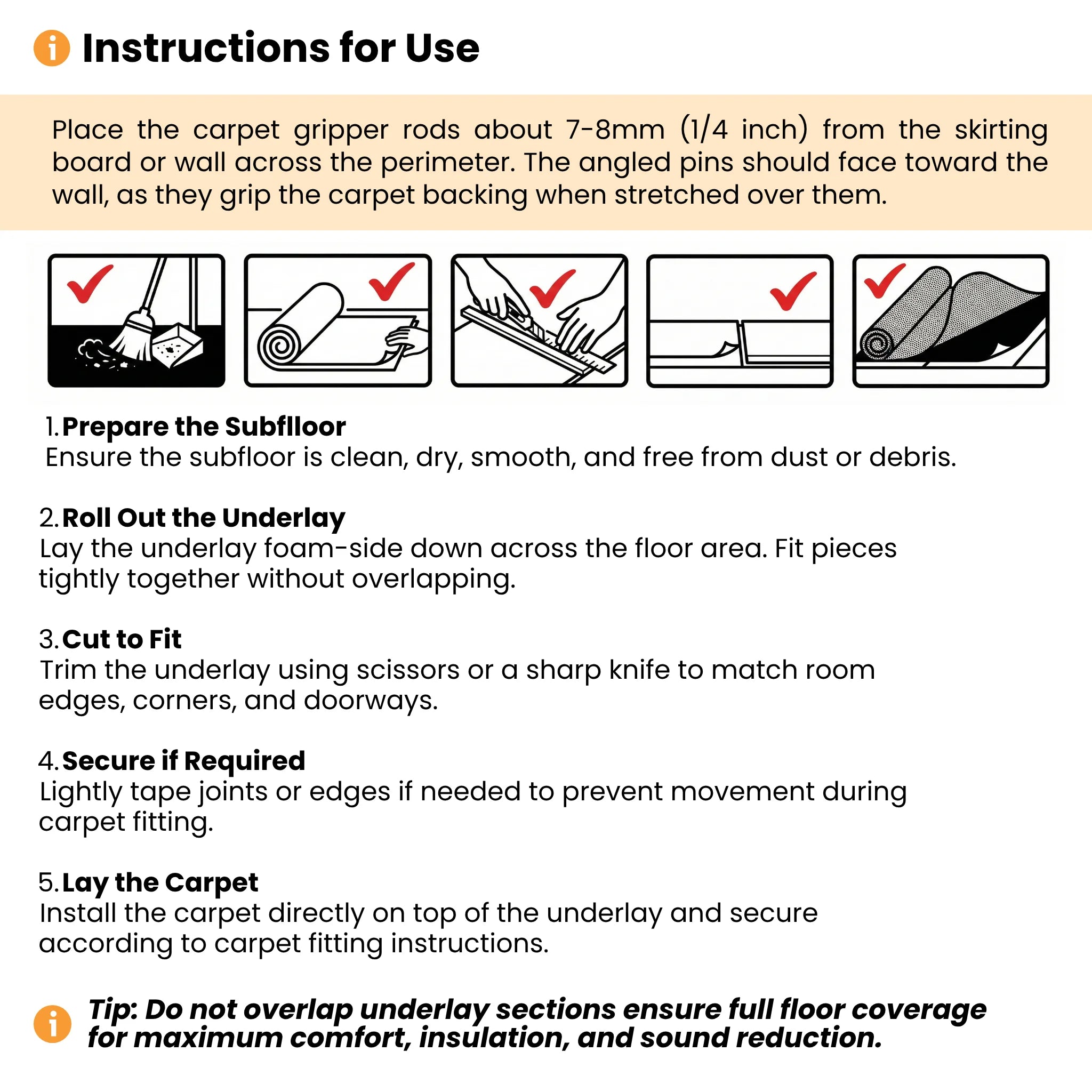 Carpet underlay installation with fitting guide