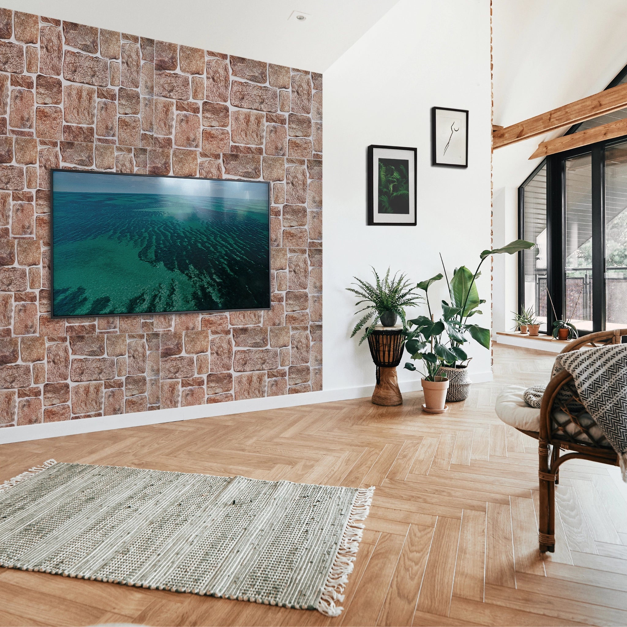 Modern living room with brown wall panel featuring geometric patterns