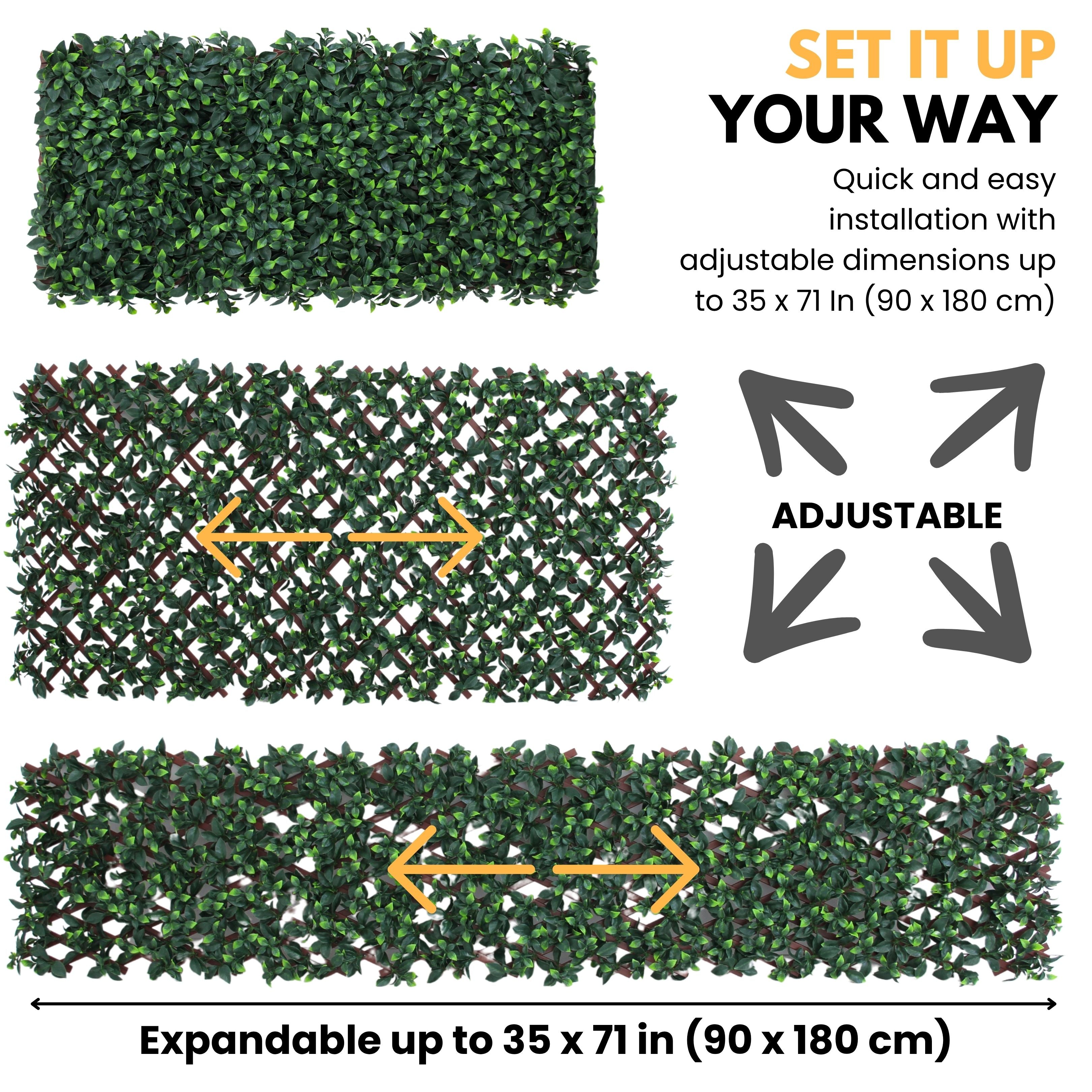 Expandable Trellis with Artificial Ficus Leaves – 35x71 in (90x180 cm) Garden Privacy Screen & Outdoor Decor